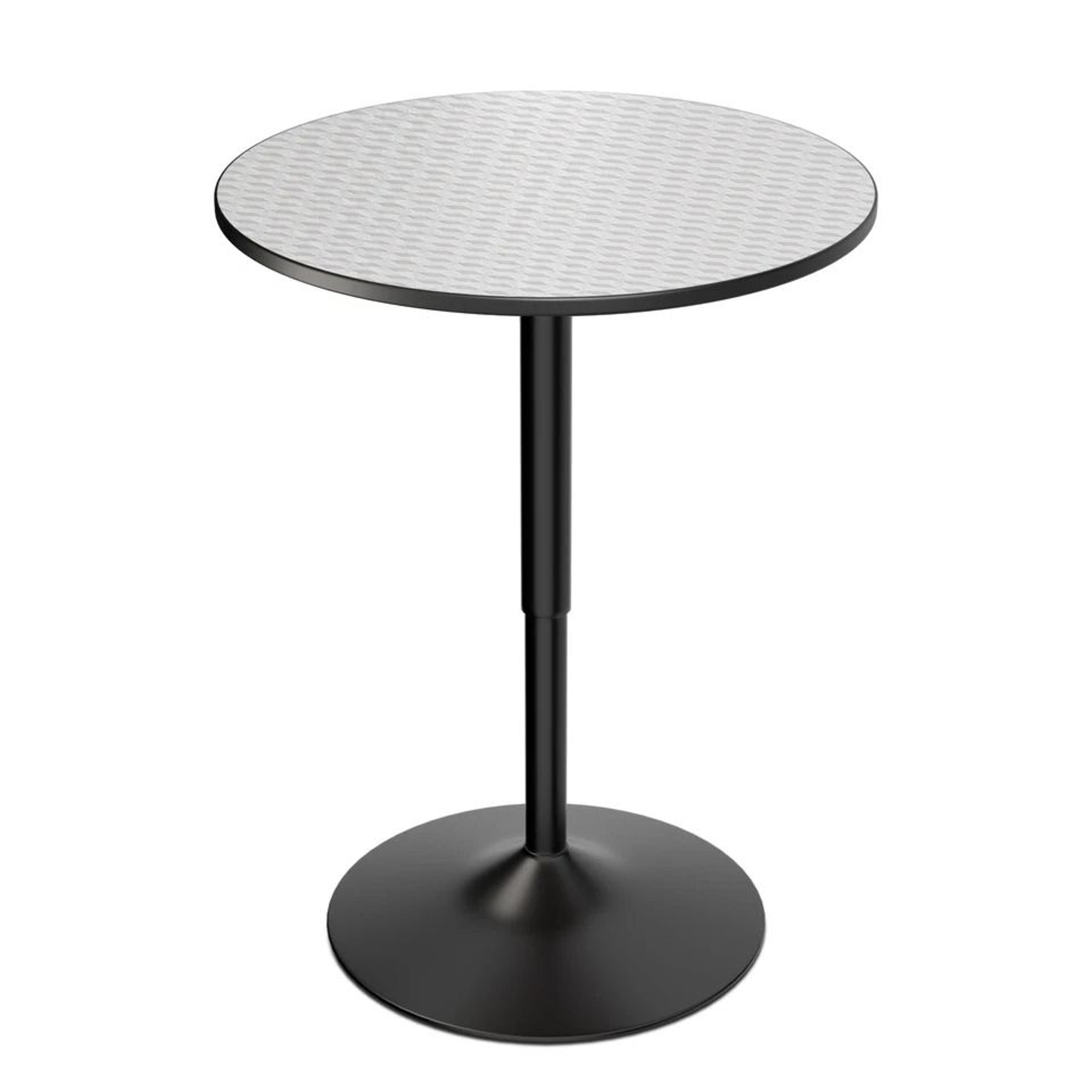 adjustable height silver pub bar cocktail table, swivel wood round tabletop, sleek metal base for home and venue