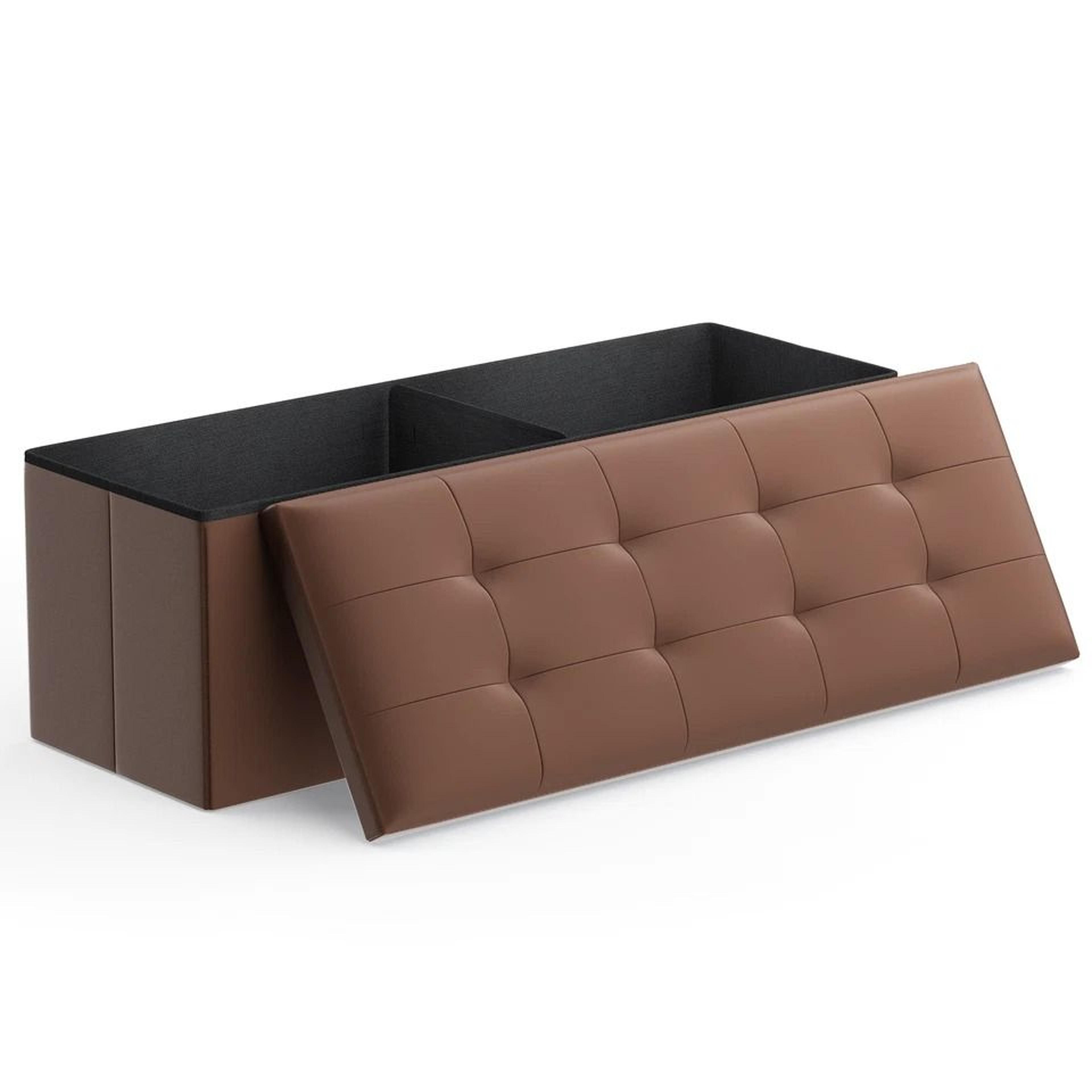 foldable storage ottoman, brown foot rest stool, bench chest with flipping lid for extra seating and organized storage