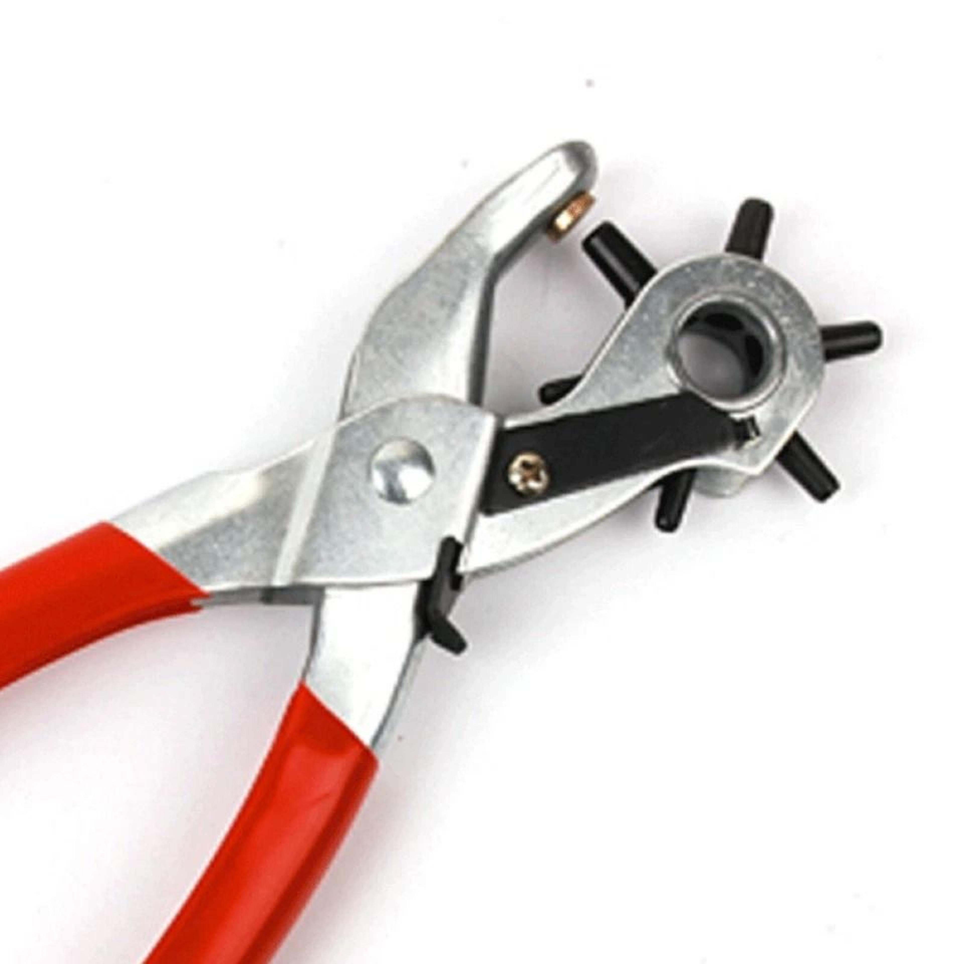 leather hole puncher tool, heavy duty hand pliers, hole sizes for belt, leather, plastic & rubber