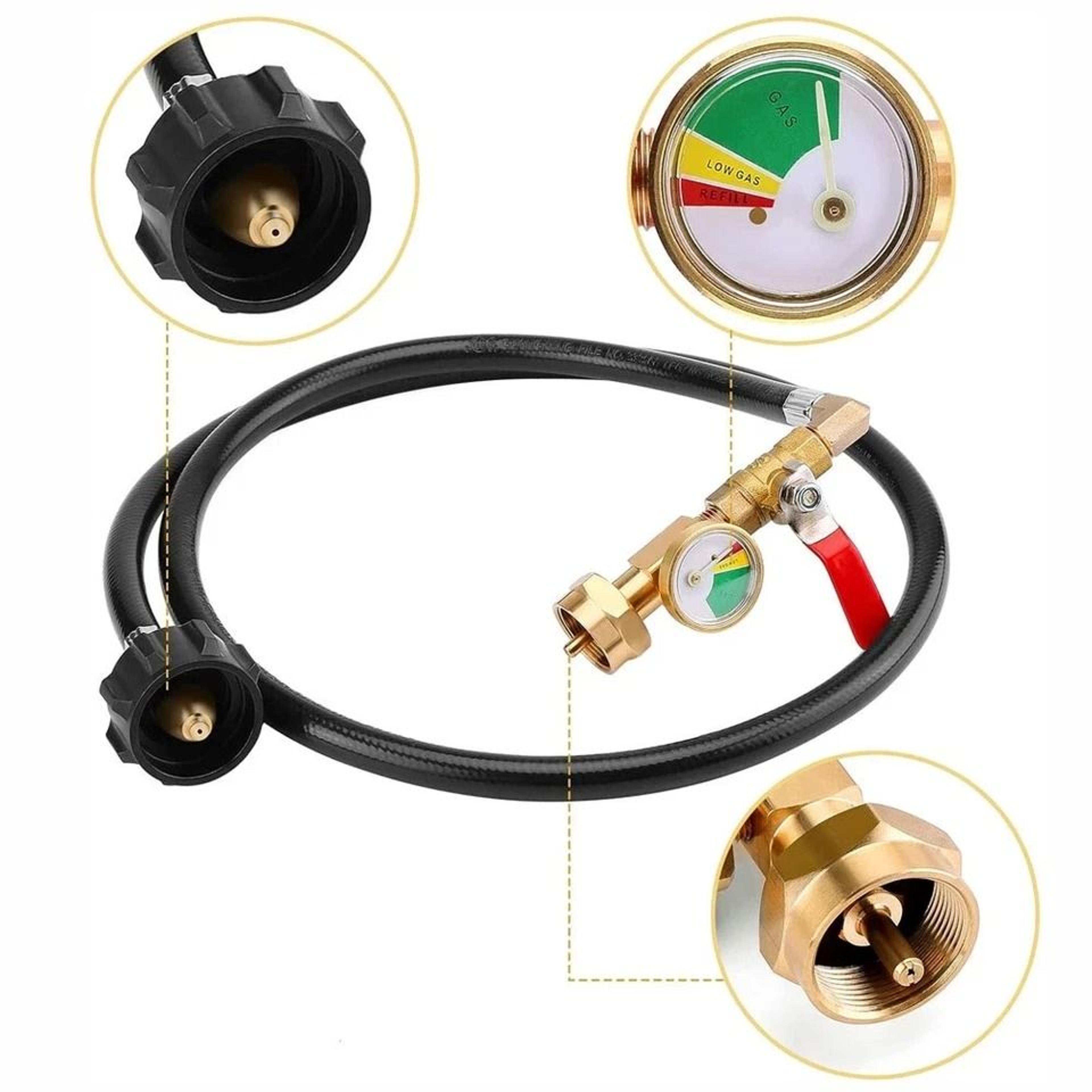 extension hose propane refill adapter with on-off control, gauge