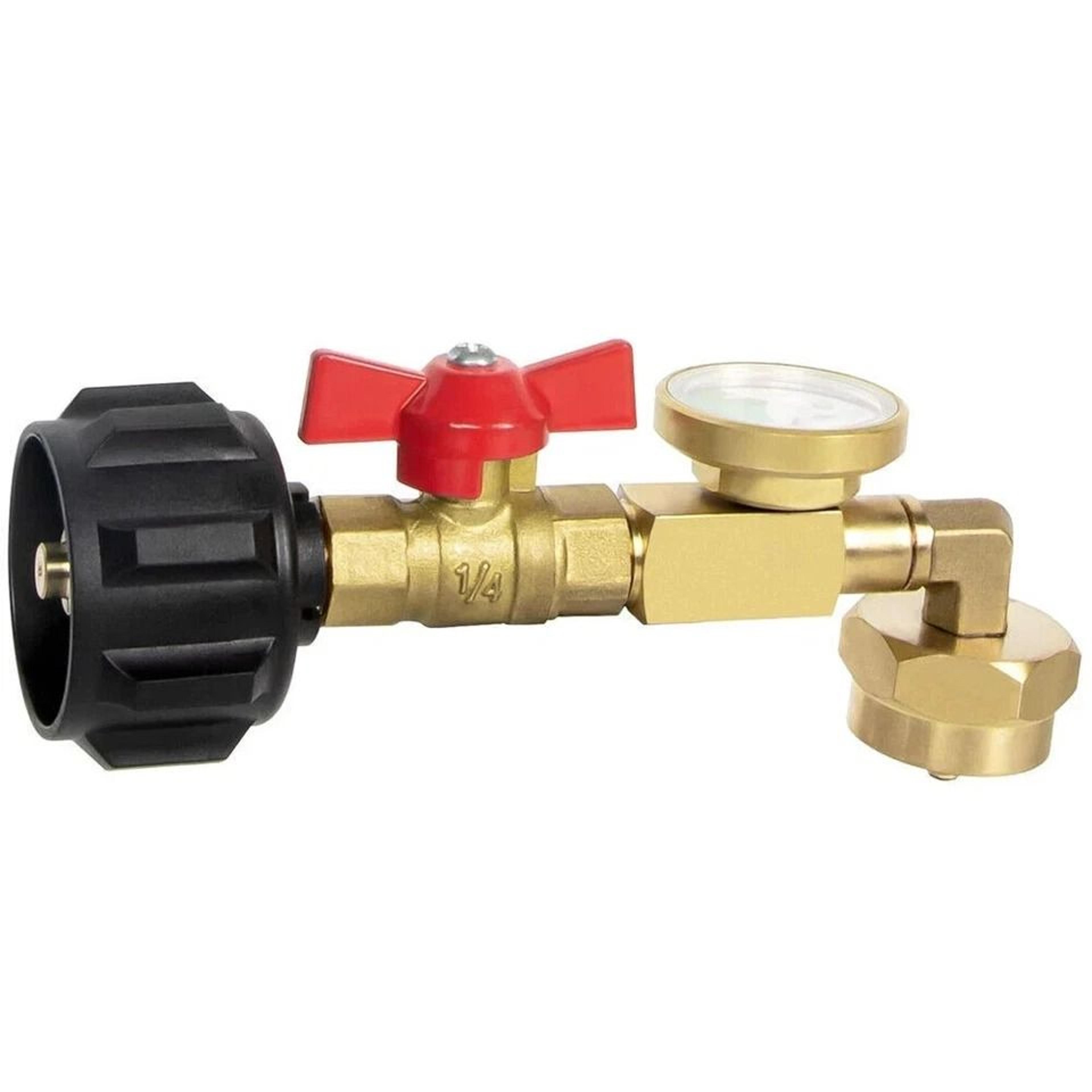 propane refill adapter with on-off control valve, gauge for tank propane refill, prevents leaks and overfilling