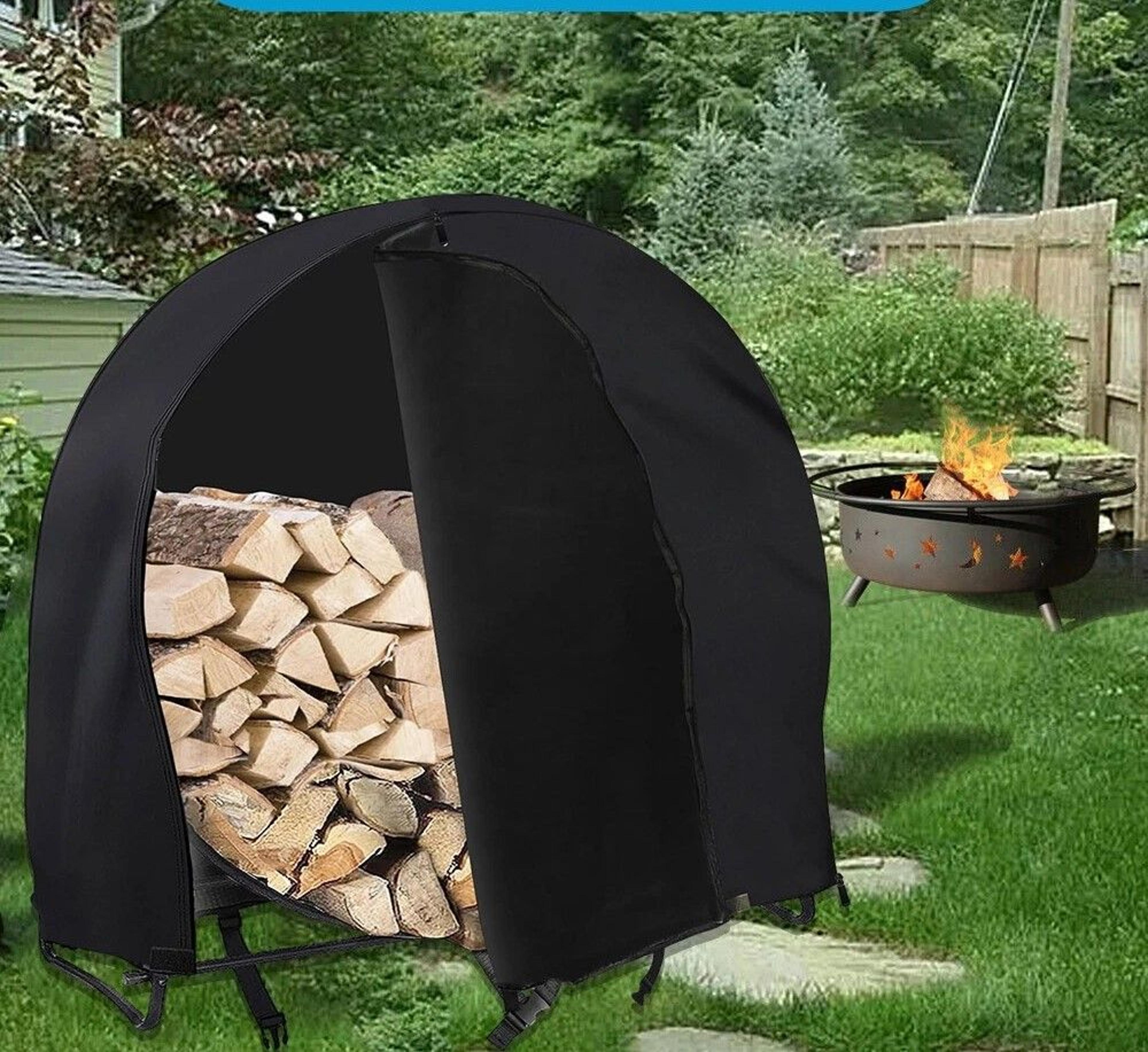 waterproof firewood rack cover, heavy duty log hoop protector, uv resistant, fits round log holders