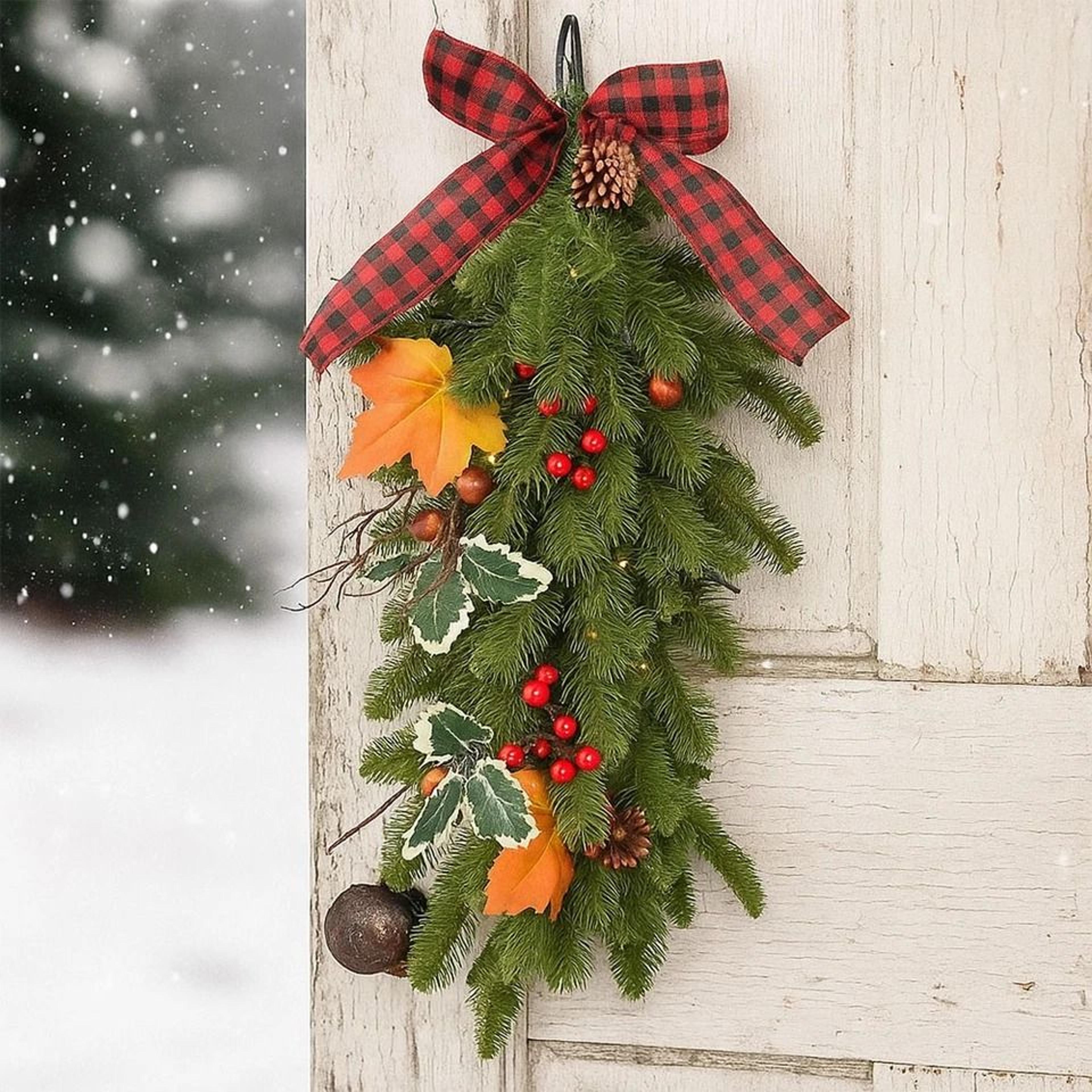 pre-lit christmas teardrop swag with led lights, battery operated christmas decor for doors, stairs, windows