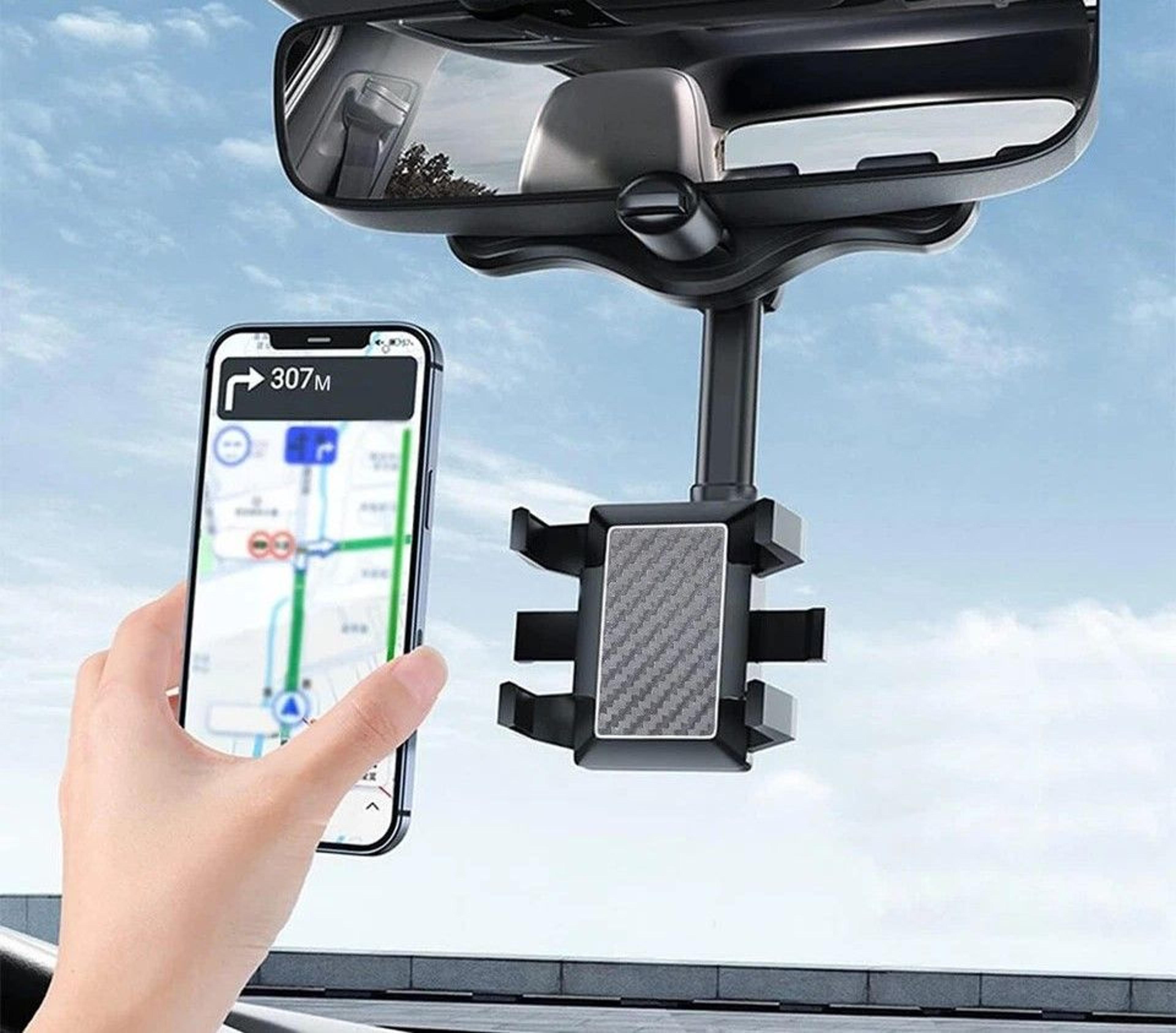 adjustable car rear view mirror mount for mobile phone, gps, universal rotation, angle, one-hand operation