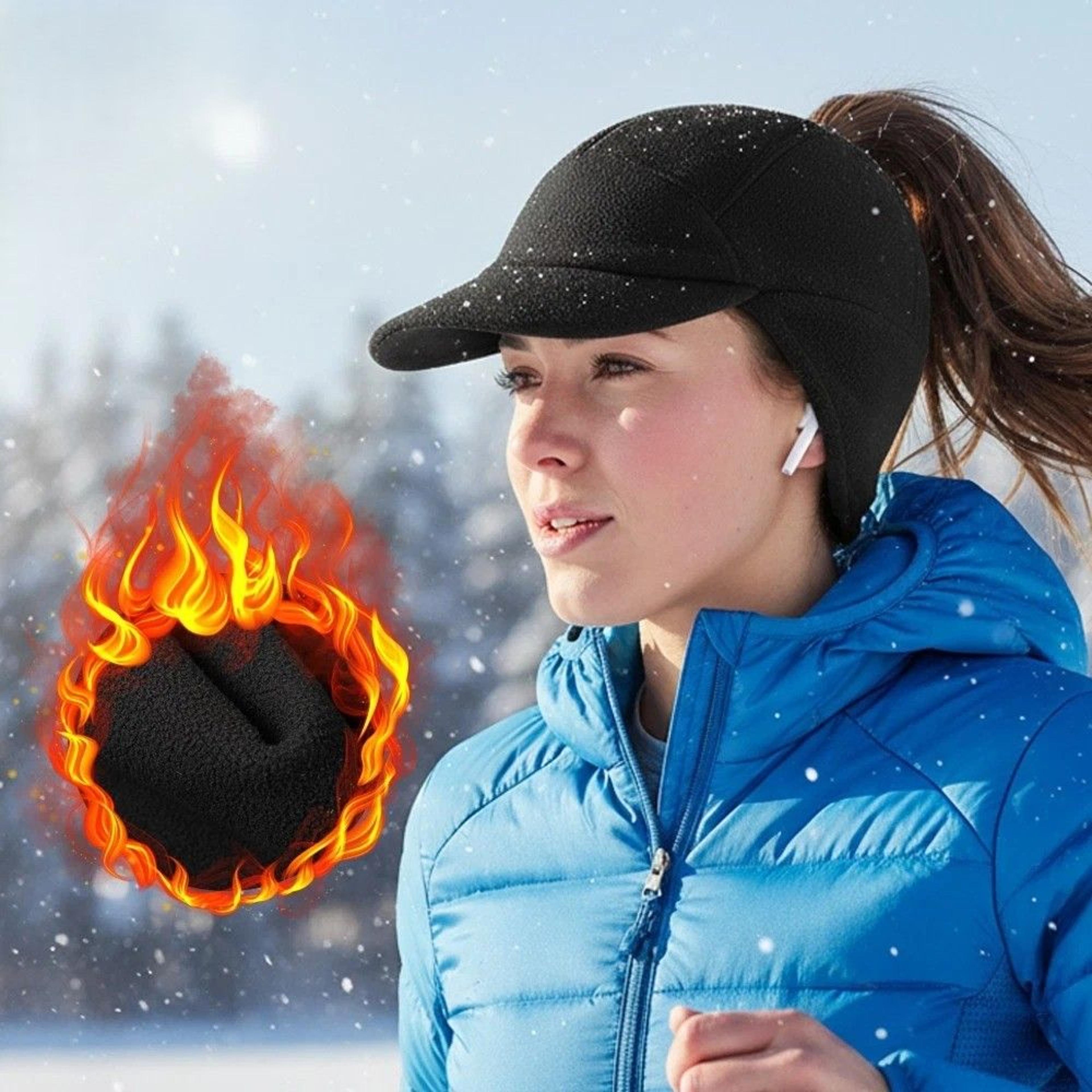 warm winter fleece ponytail hat, anti-glare brim for hiking, workouts, ear warmer cap for men and women