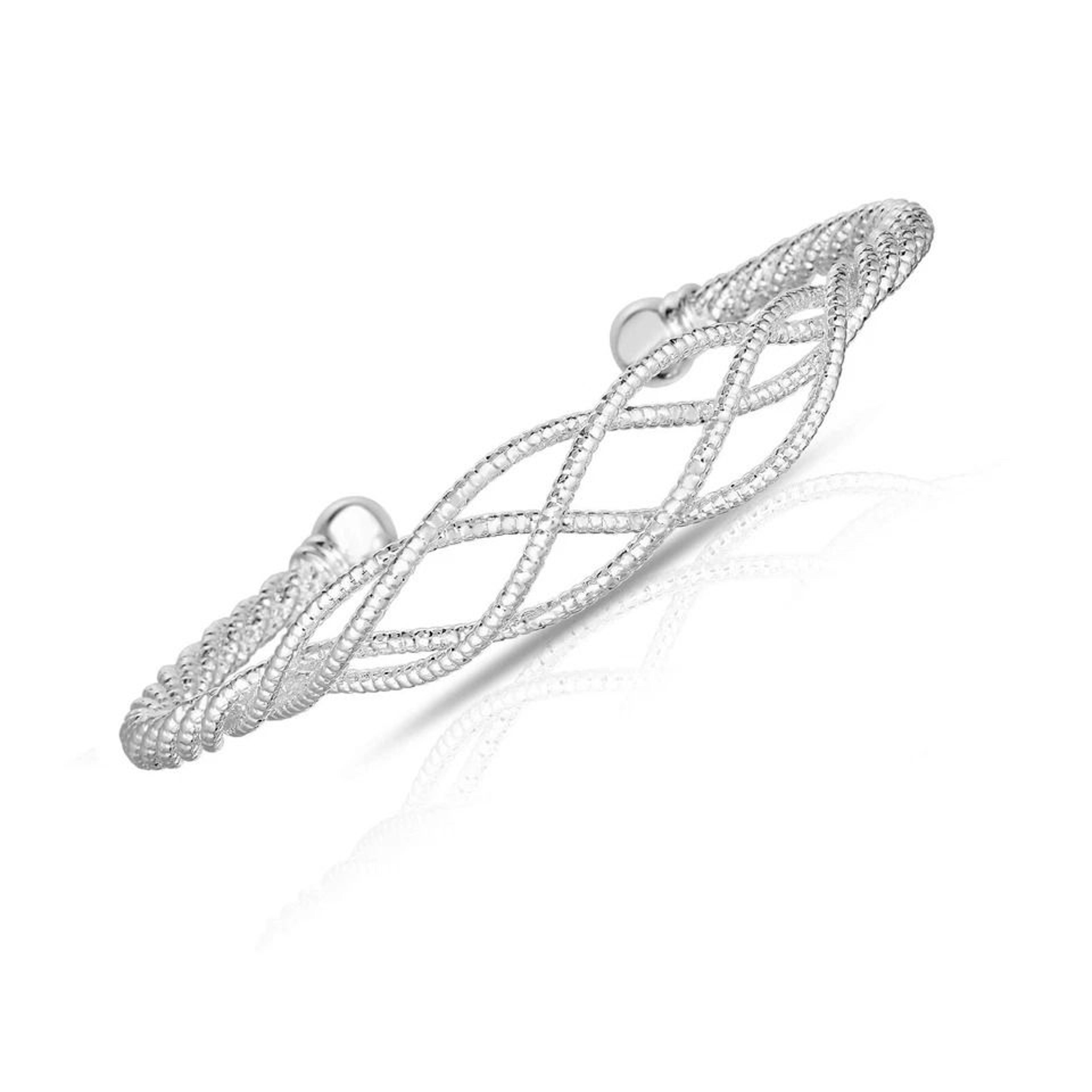 shiny women sterling silver plated cuff bangle bracelet, diamond cut design, elegant and strong bangle for all occasions