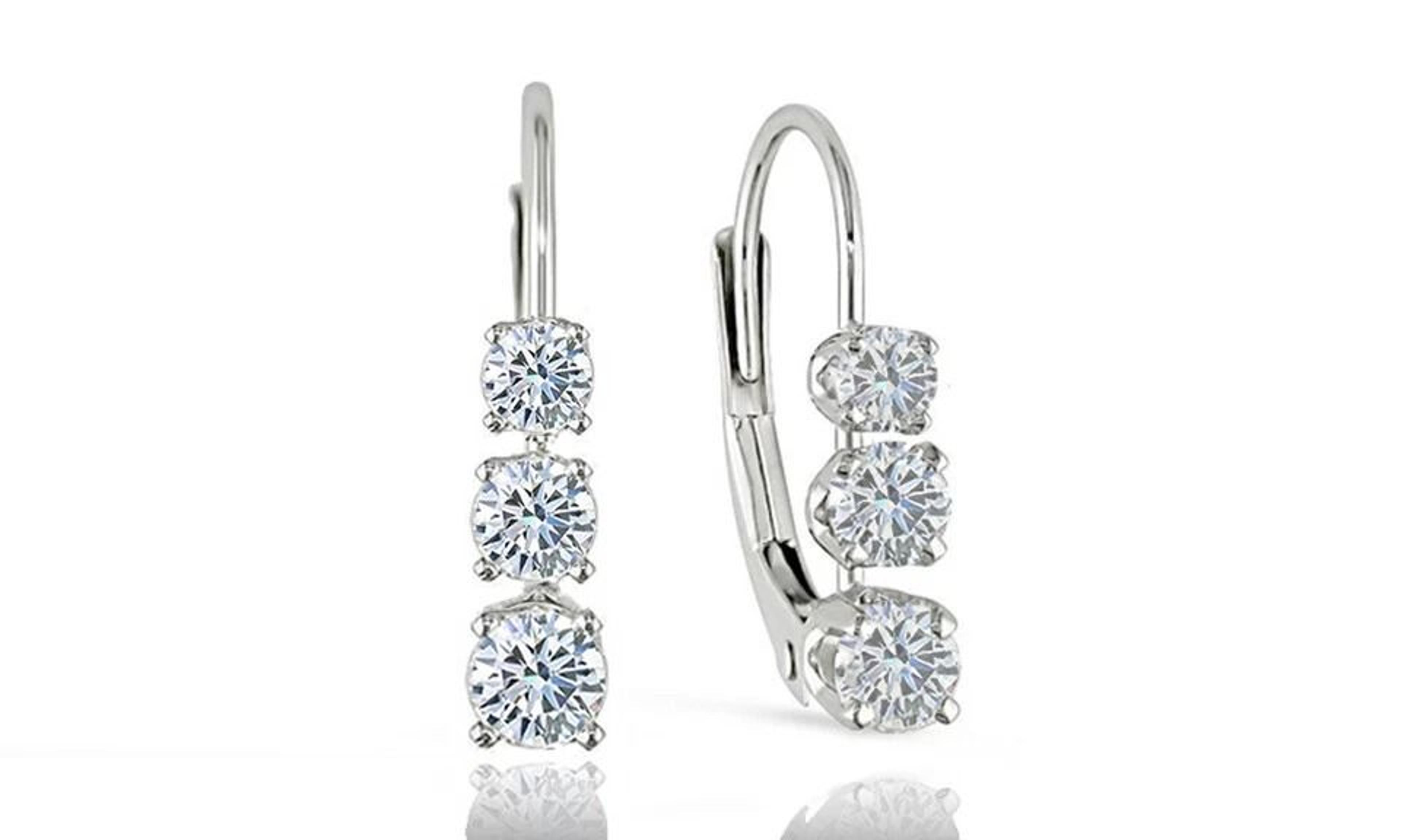 sterling silver leverback earrings, round cz, white clear diamond cz earrings
