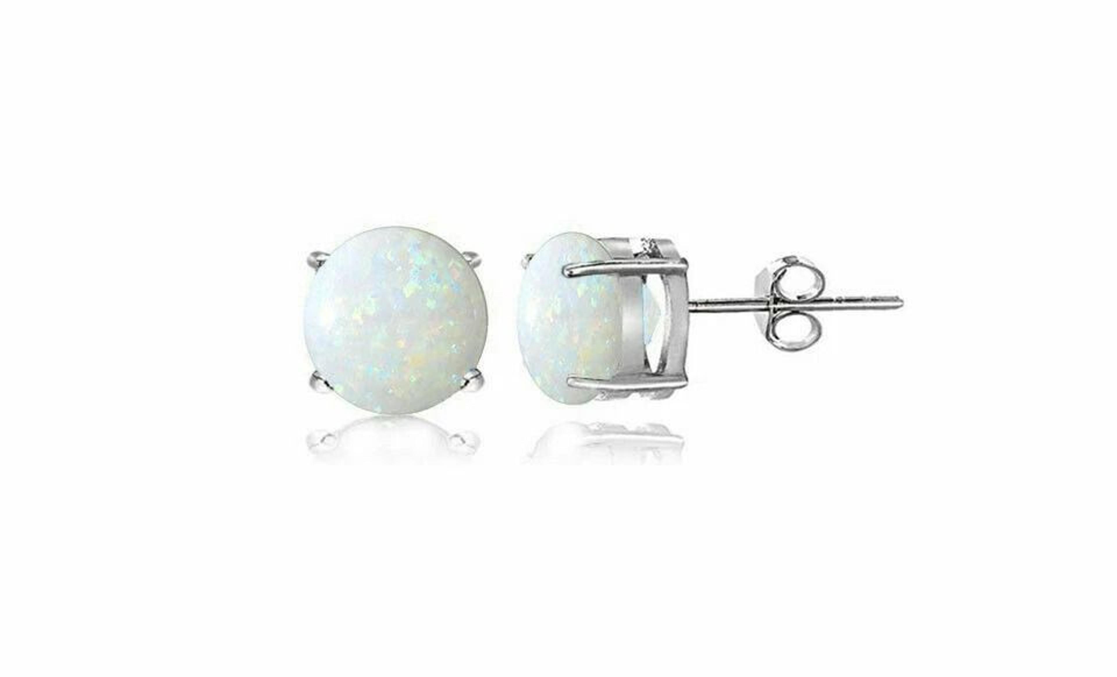 white fire opal stud earrings, sterling silver round design for women, sparkling jewelry for special occasions
