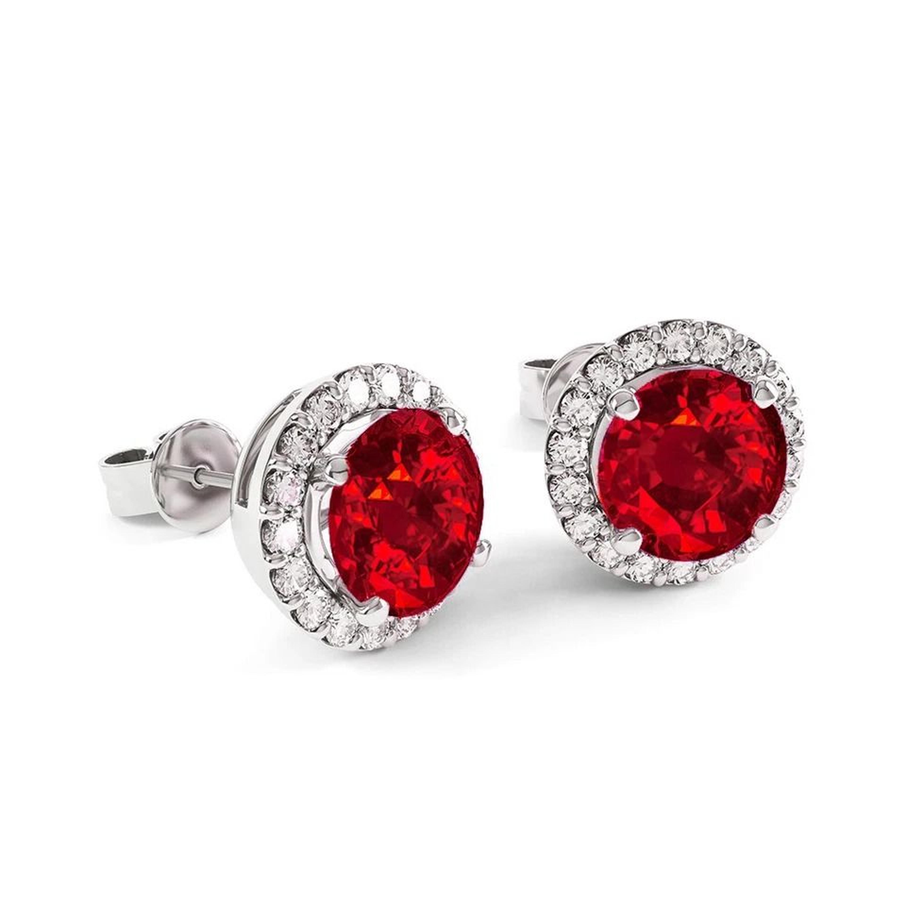 sterling silver halo stud earrings for women, red emerald and white topaz, round-cut studs