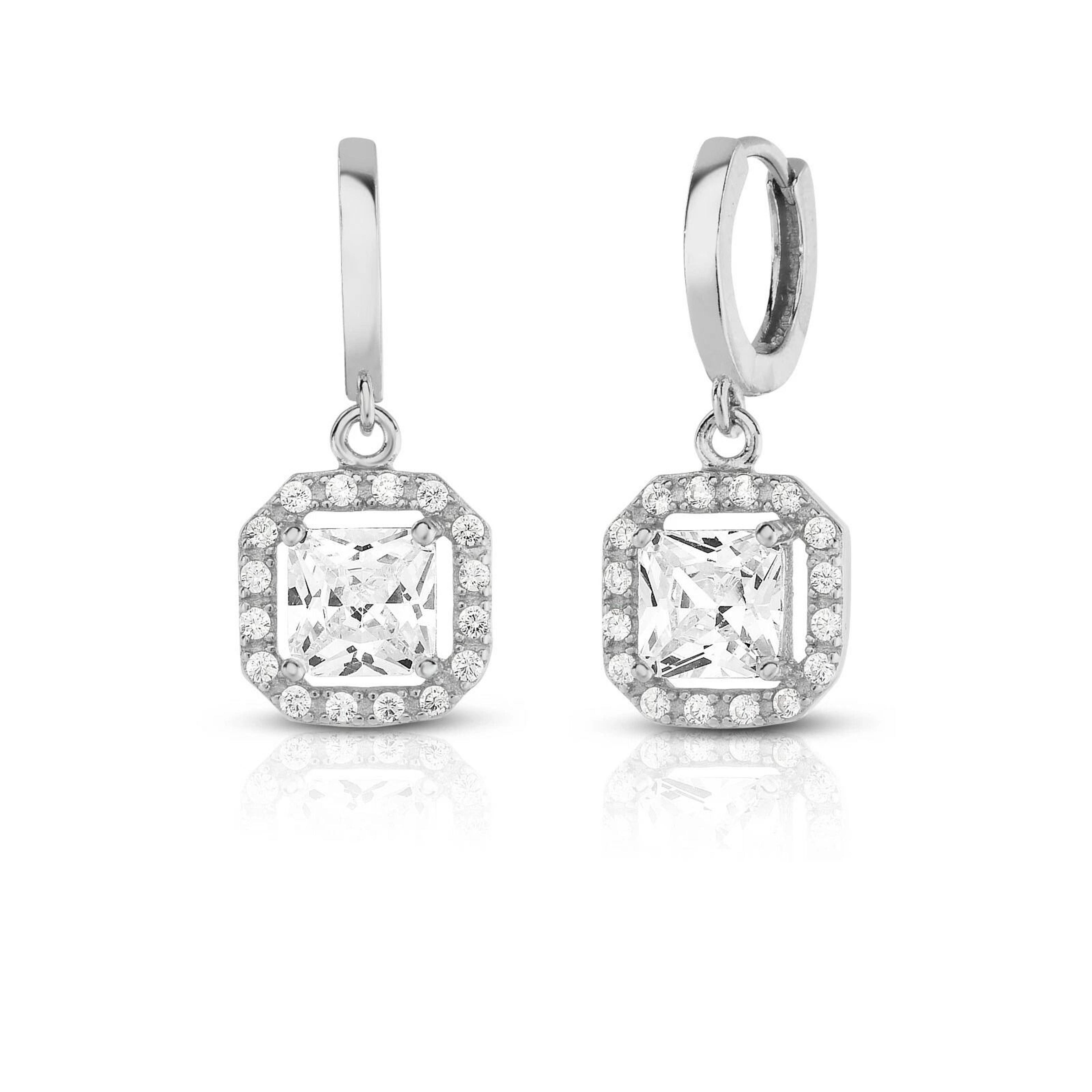 sterling silver drop dangle earrings, princess cut halo leverback with aaa cubic zirconia stones cttw white topaz