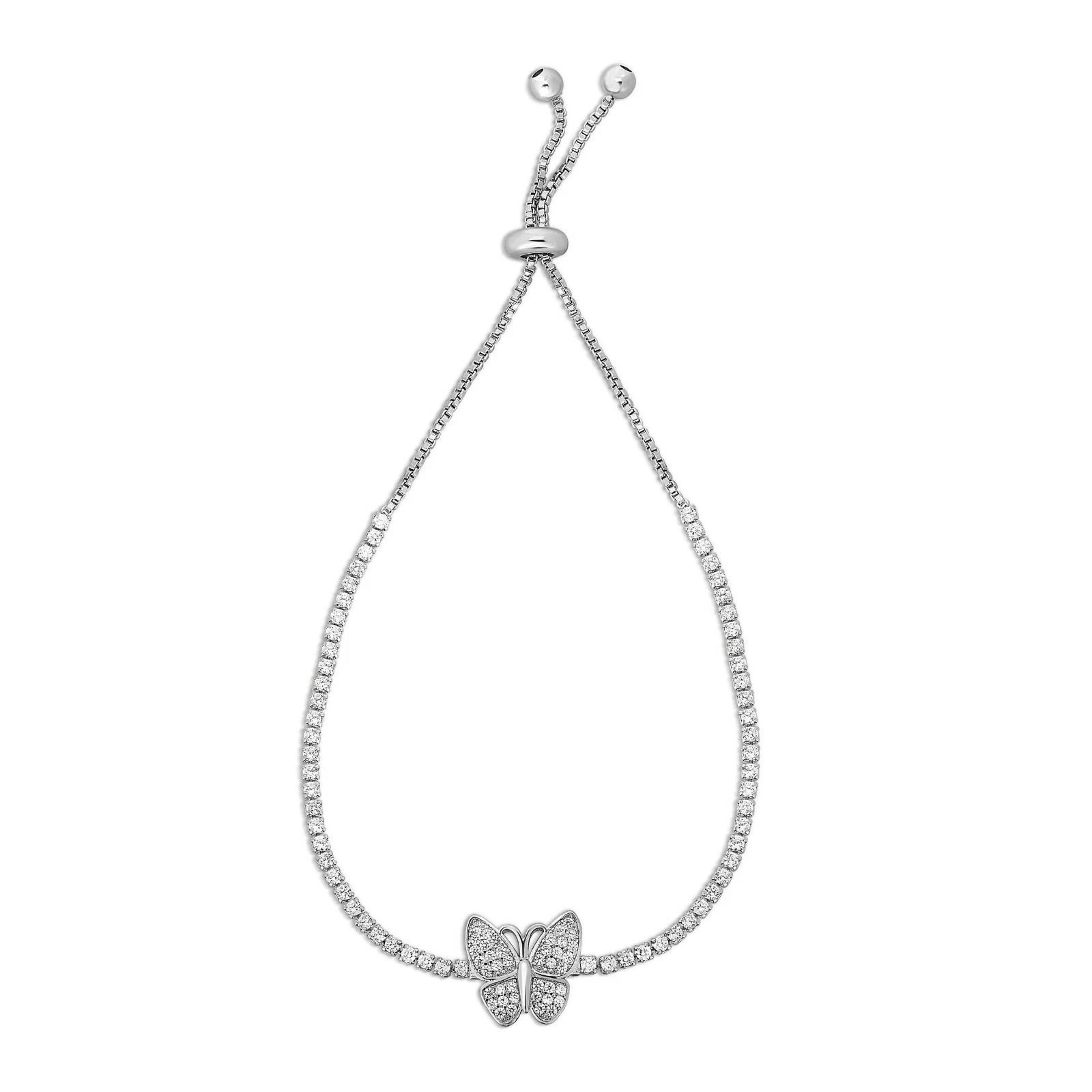 crystal tennis bracelet for women, adjustable butterfly bolo, white gold plated brass