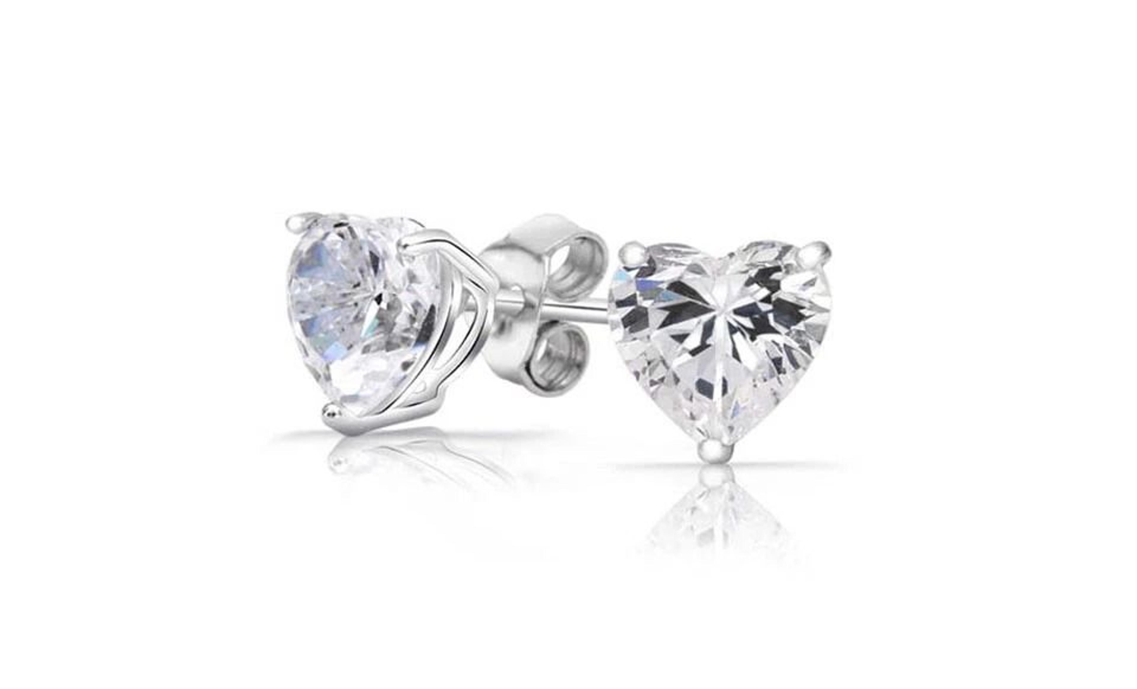 sterling silver heart shaped stud earrings, cubic zirconia silver round cz, set of stud earrings