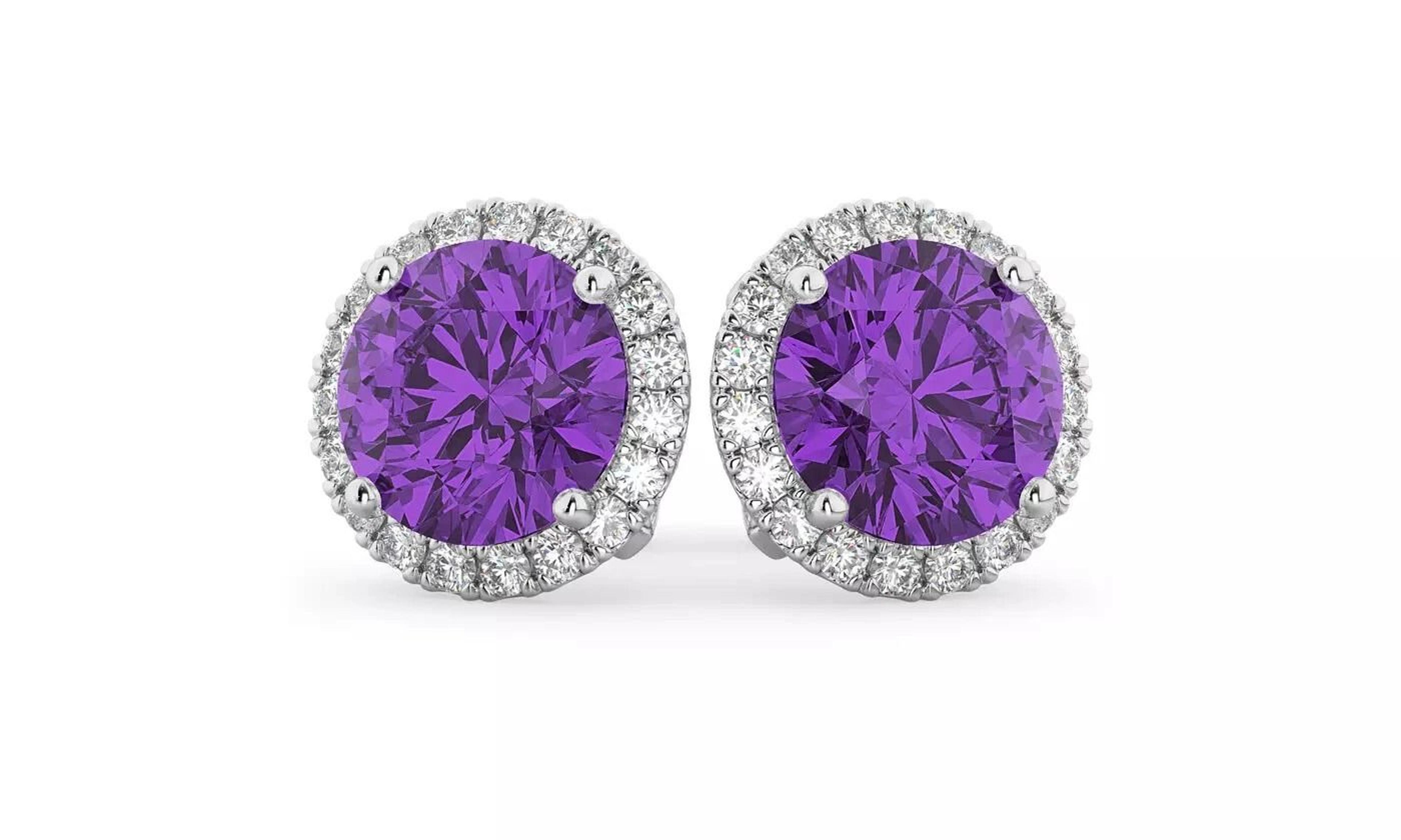 round-cut amethyst and white topaz halo stud earrings, stamped sterling silver, perfect gift for may birthdays