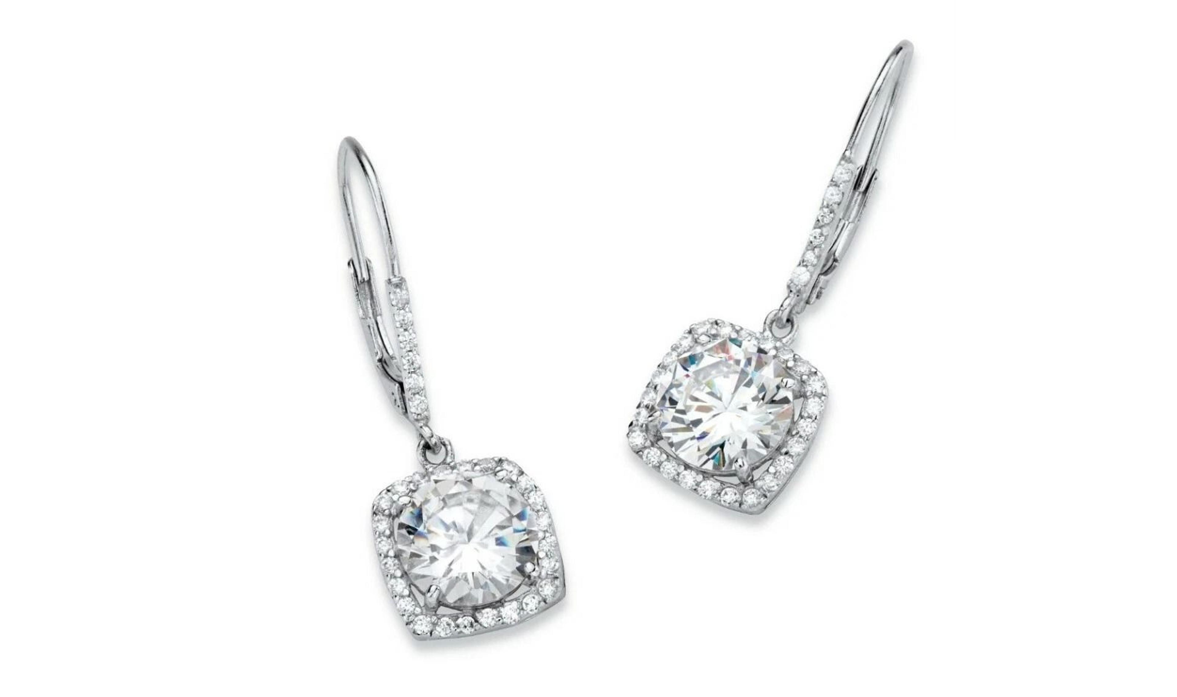 cubic zirconia halo drop earrings for women, sterling silver plated, sparkling silver cz earrings