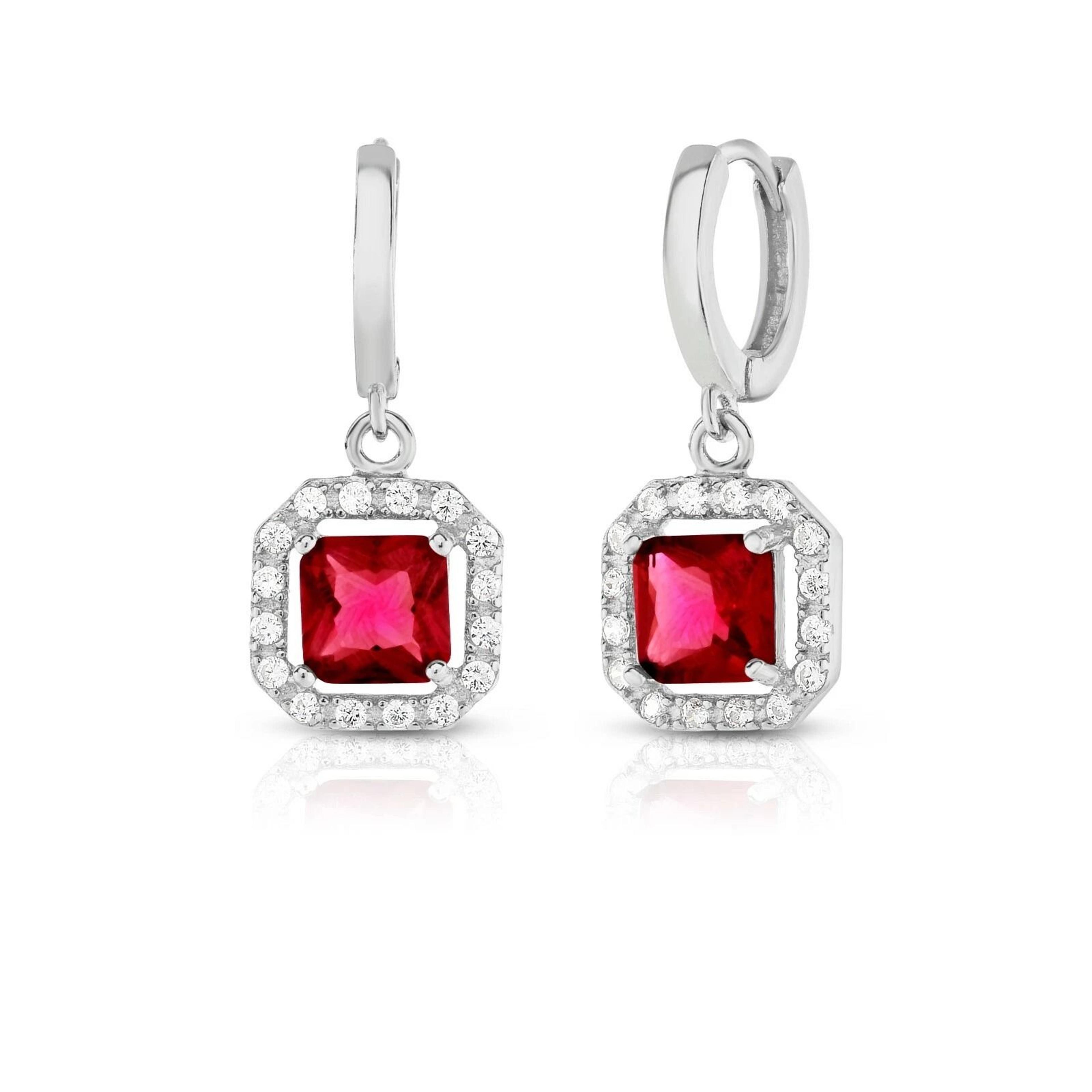sterling silver lab created ruby drop earrings, princess cut halo, leverback dangle jewelry gift for her
