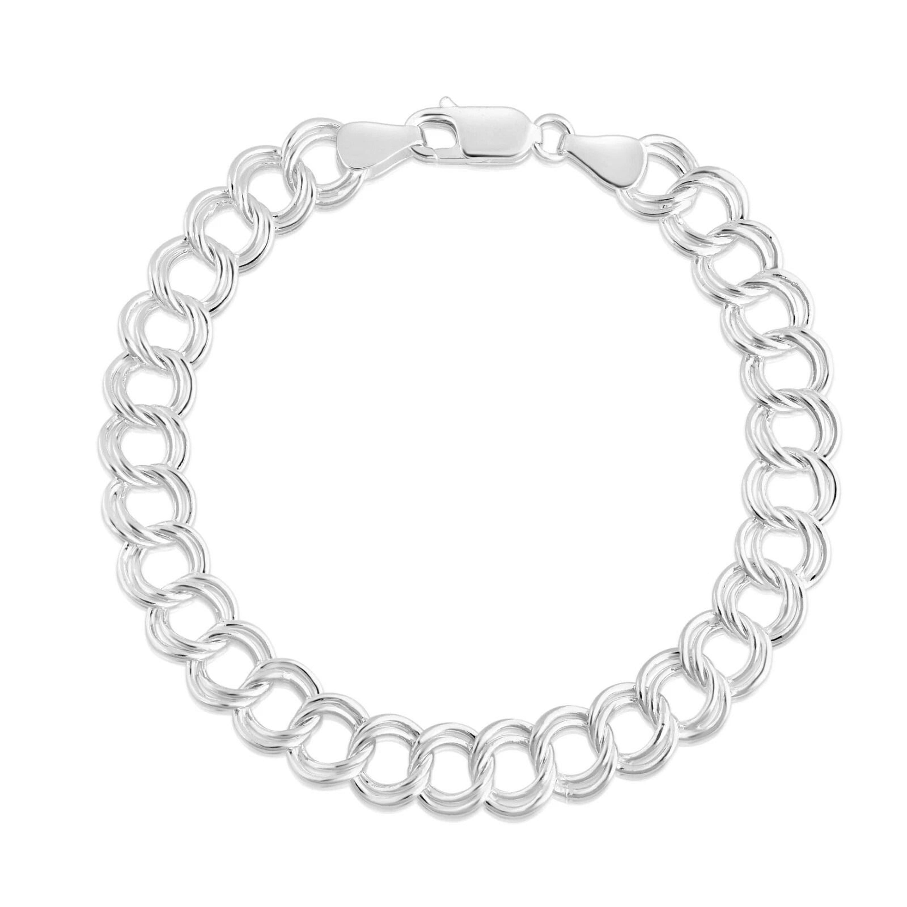 sterling silver double link charm bracelet, for men and women, lobster clasp