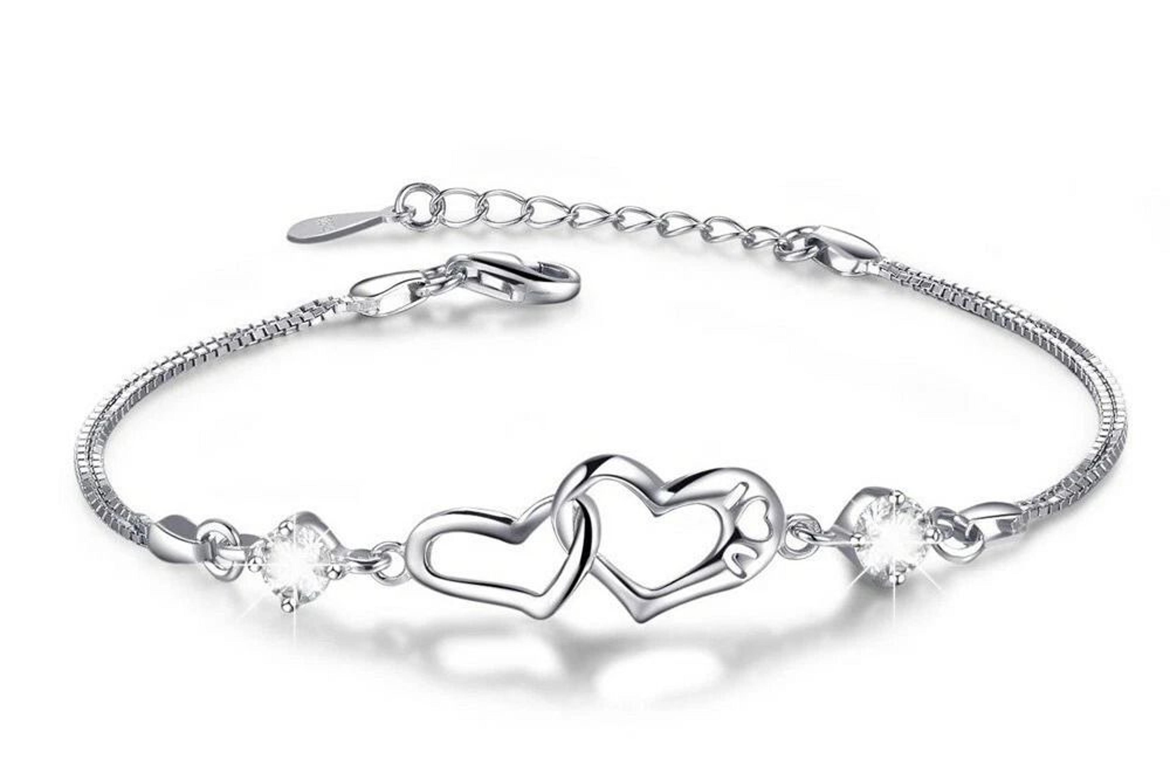white gold plated crystal heart tennis bracelet plated brass, interlock design