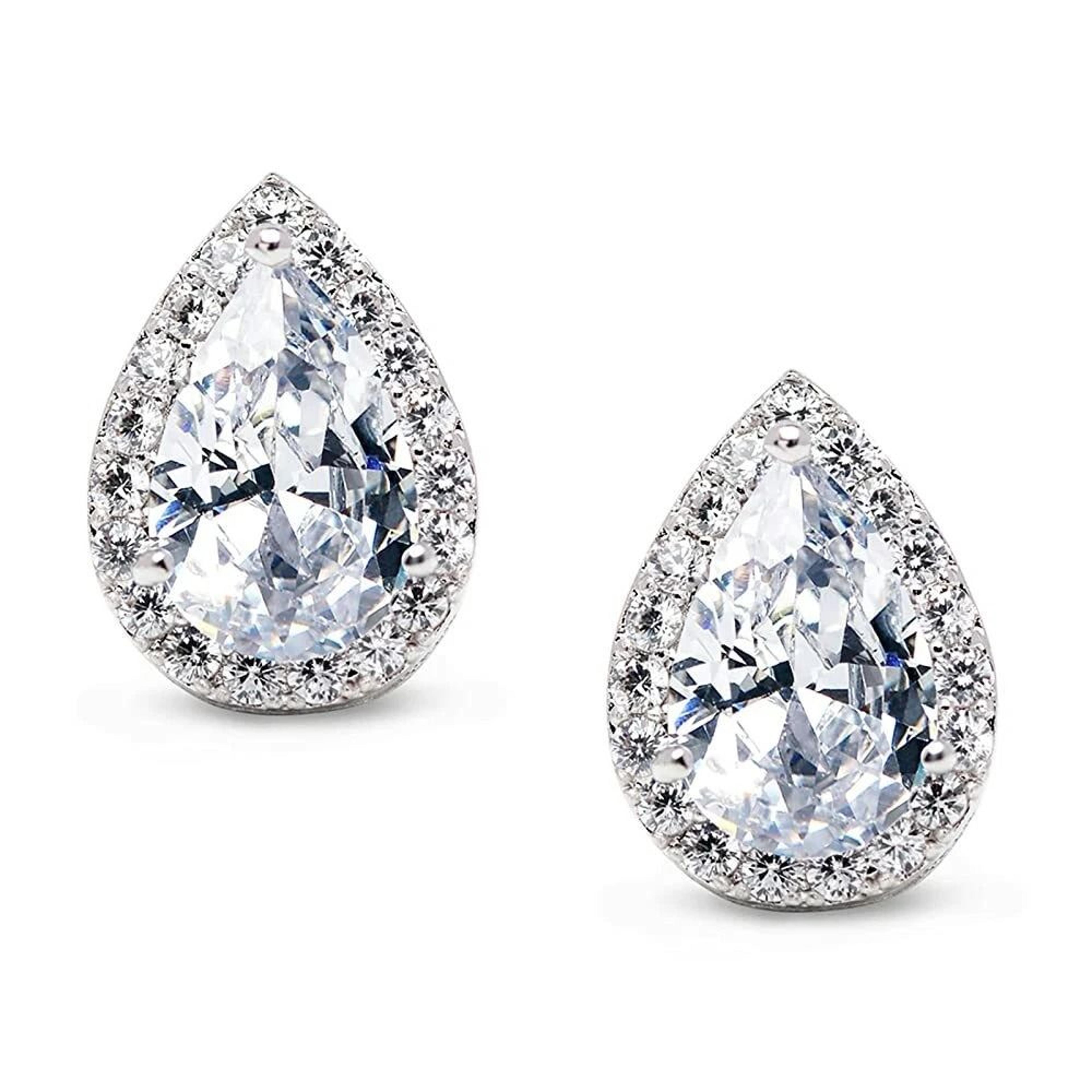 elegant white gold plated teardrop cut halo stud earrings, swarovski crystals, brass design
