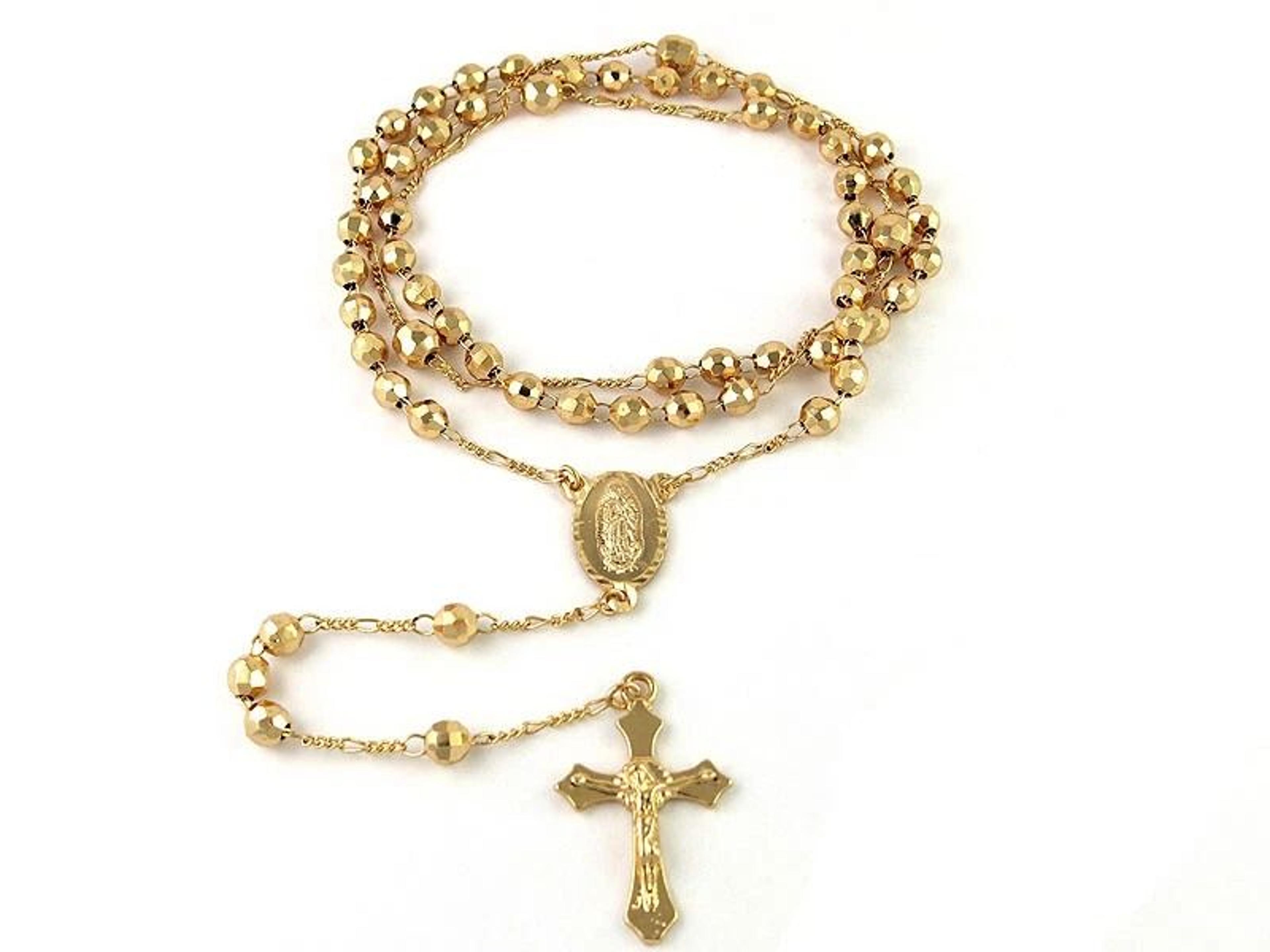 plated diamond cut cross charm necklace, rosary jesus pendant, yellow gold plated figaro chain