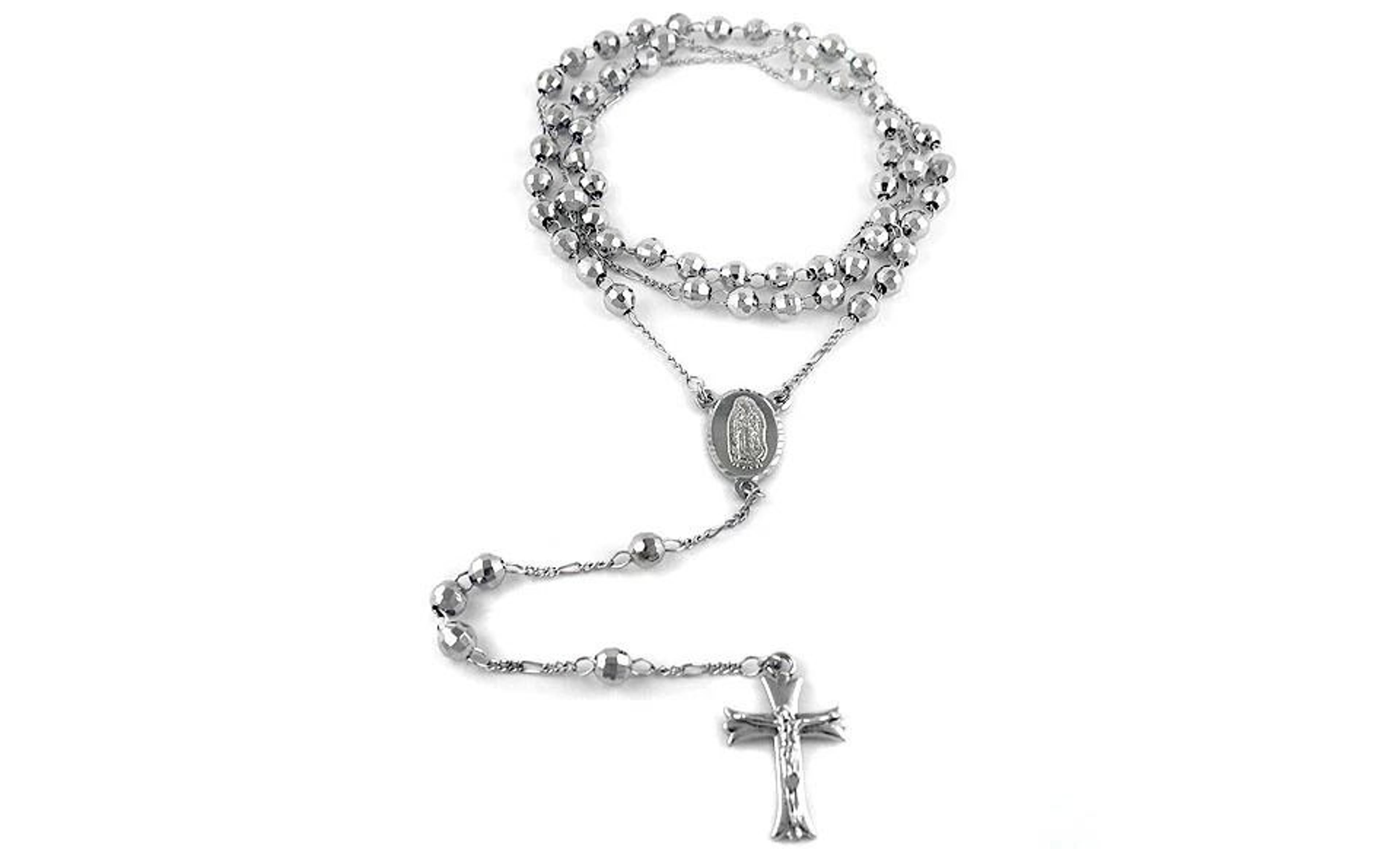 white gold plated diamond cut rosary necklace, jesus cross charm pendant
