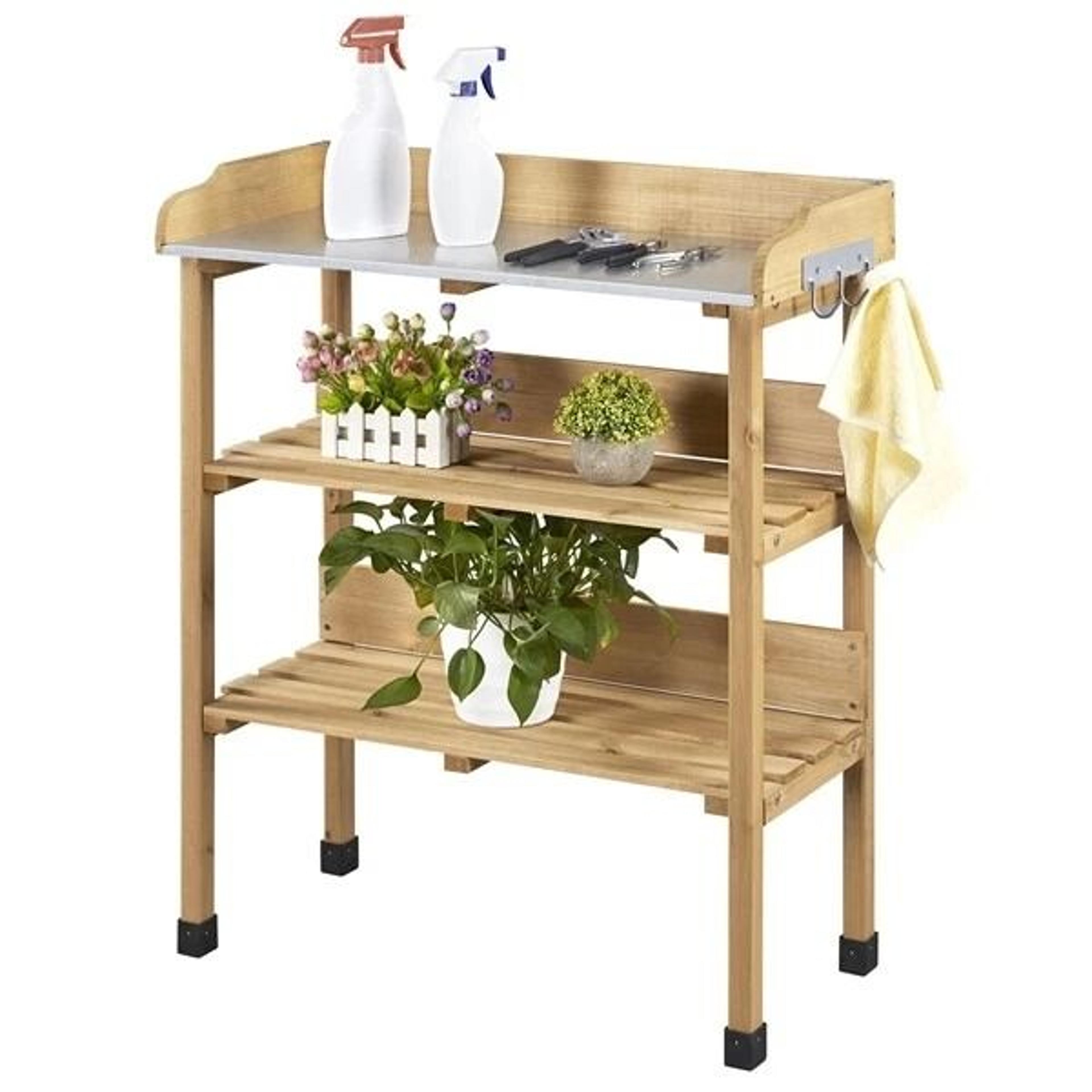potting bench table, outdoor garden work station, natural wood workbench, perfect for planting and tool organization