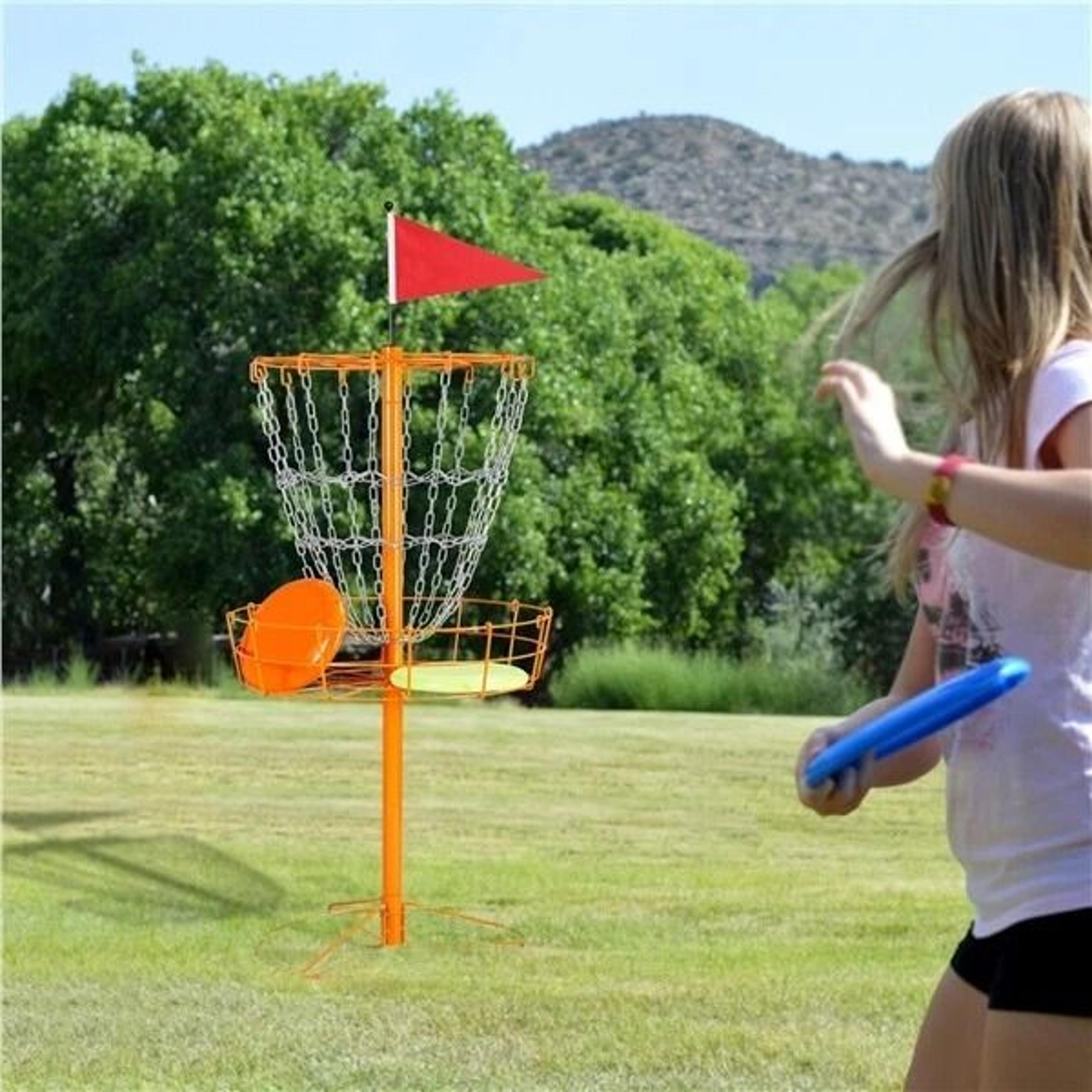 flying disc golf practice basket, portable disc golf basket, durable outdoor orange target