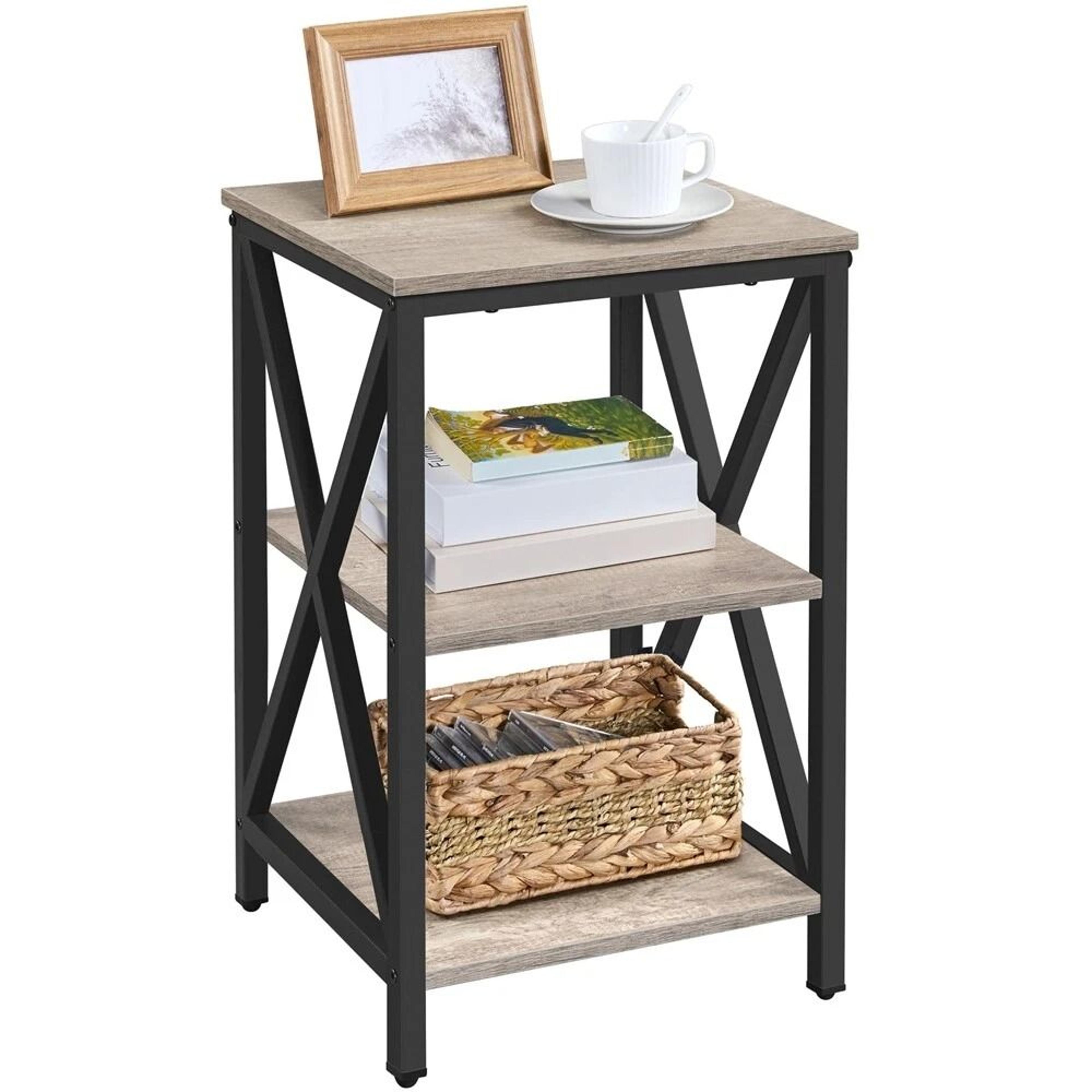 industrial side table nightstand, tier end table with x design, bedroom, living room, modern home storage