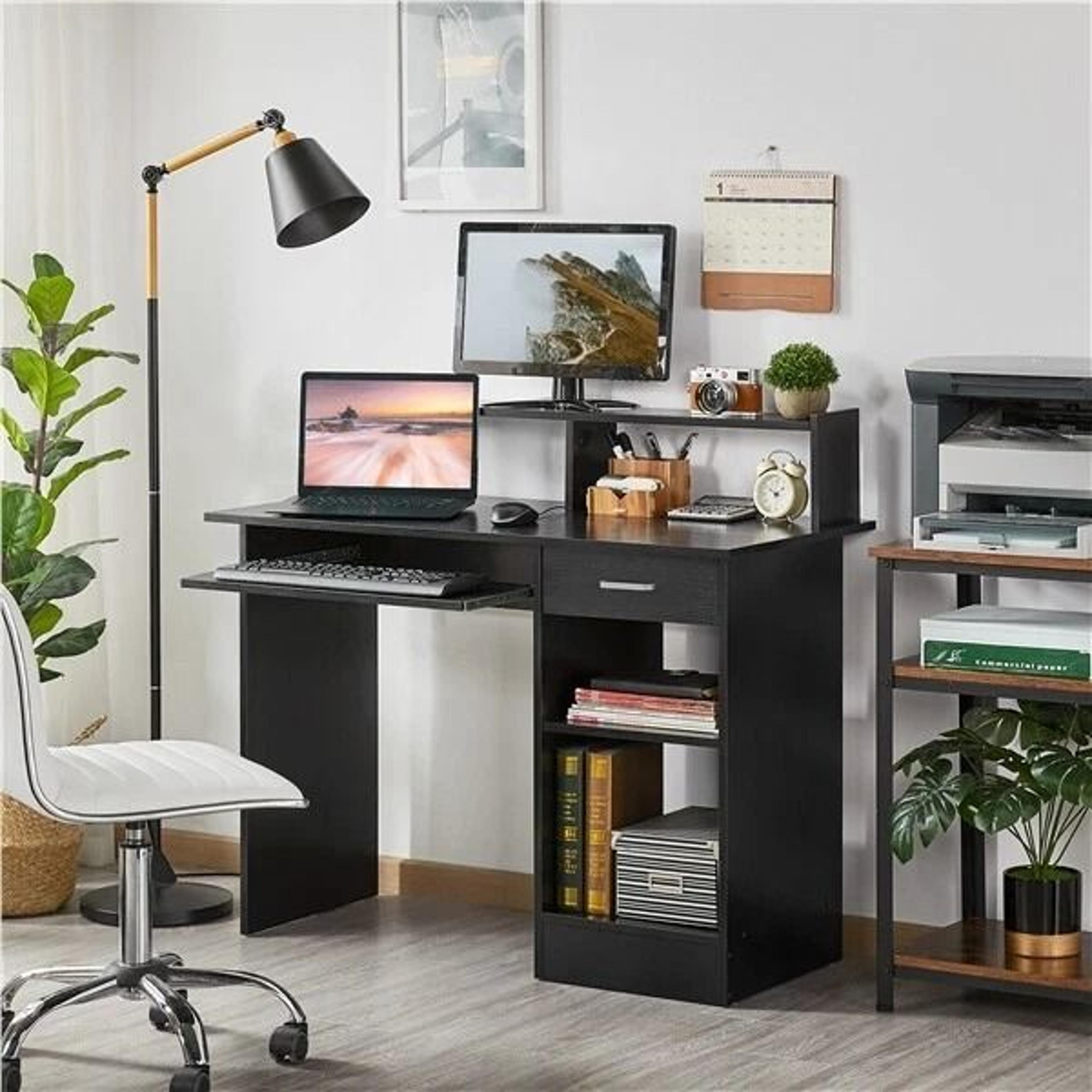 compact home office desk with keyboard tray, modern desk workstation, storage and adjustable shelf organizer