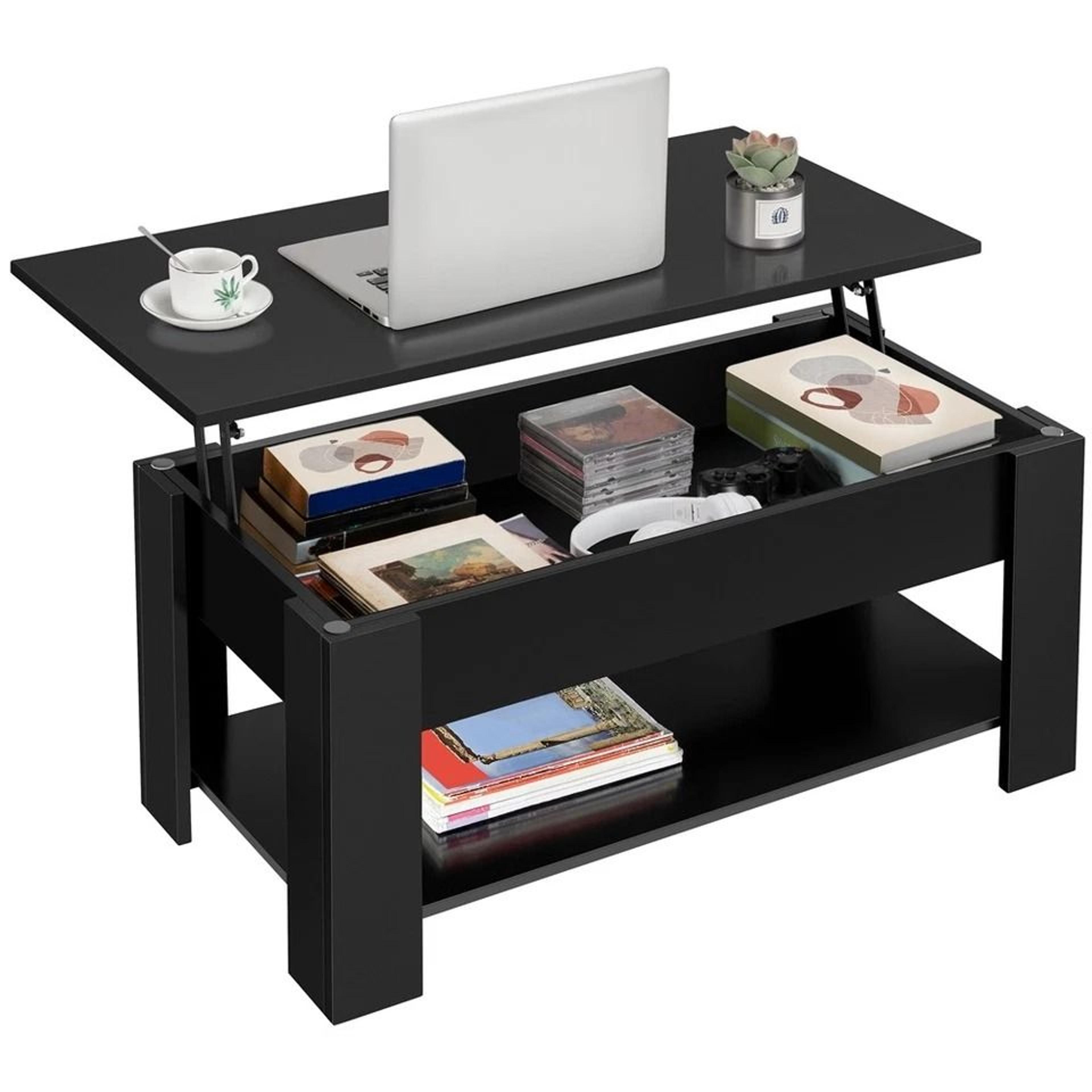 white lift top coffee table with hidden storage & shelf, modern design, space-saving and durable