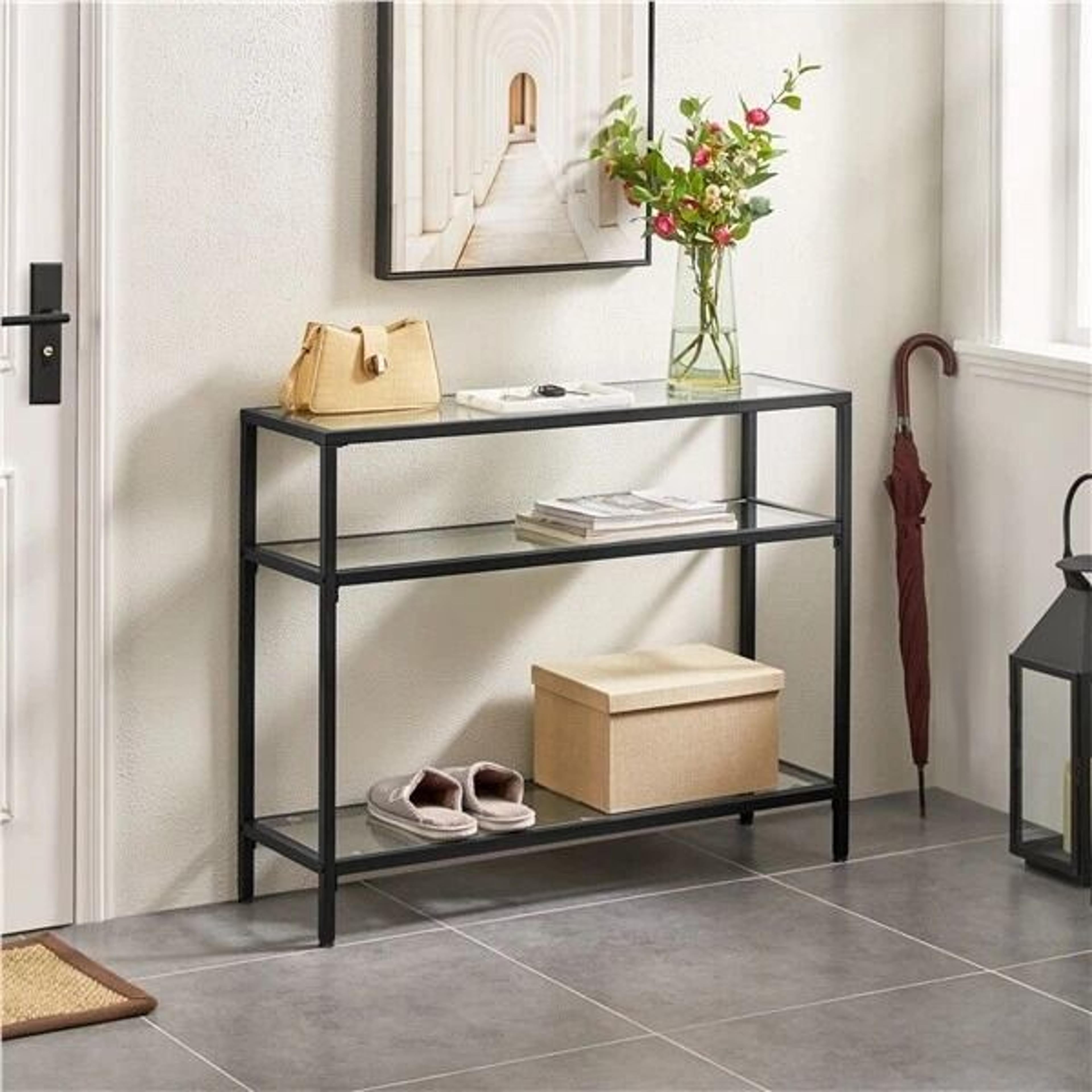 sleek black console table, sturdy metal frame, layer modern sofa table with glass shelves, versatile storage for home