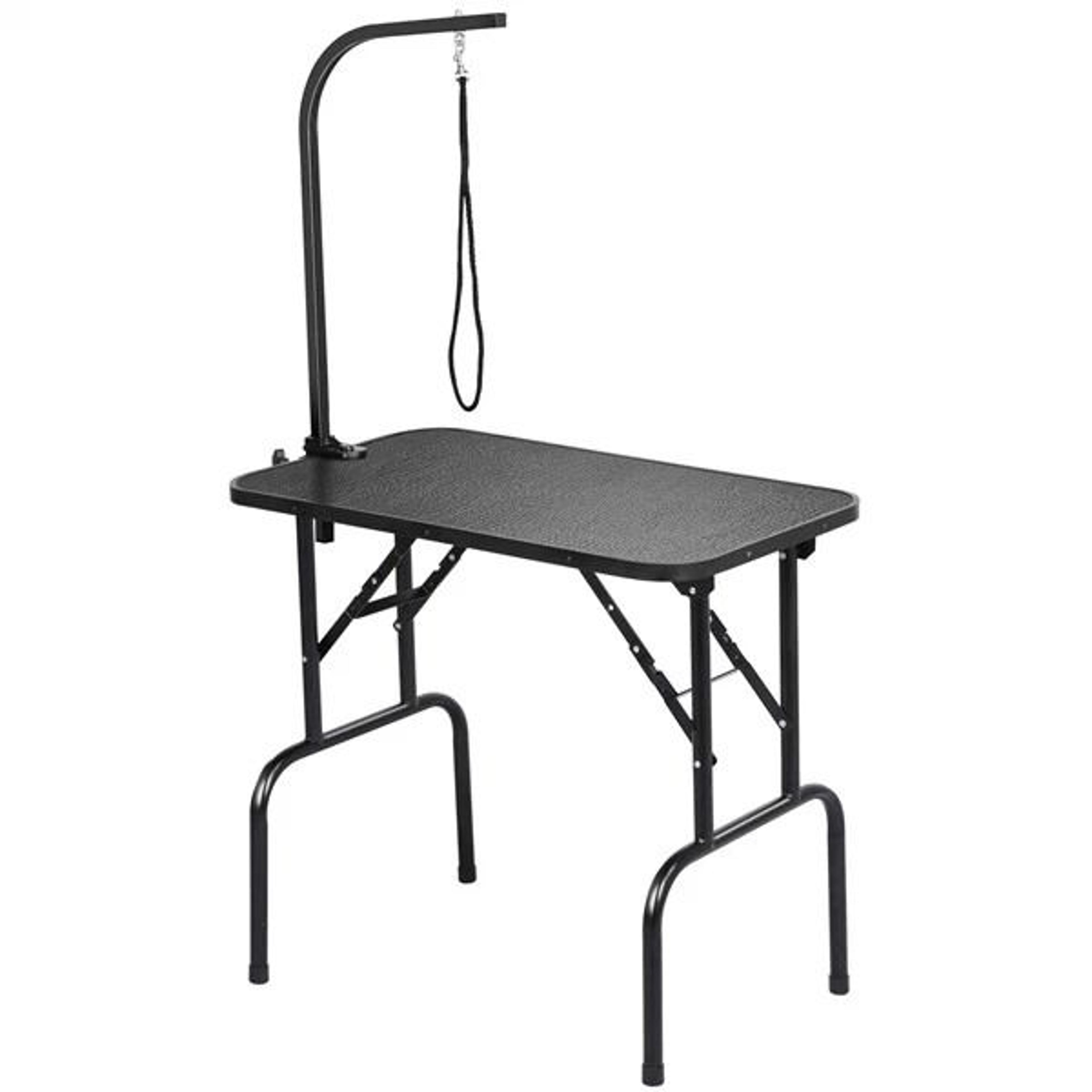 foldable portable pet grooming table, adjustable arm/noose, black, heavy-duty grooming station with storage shelf