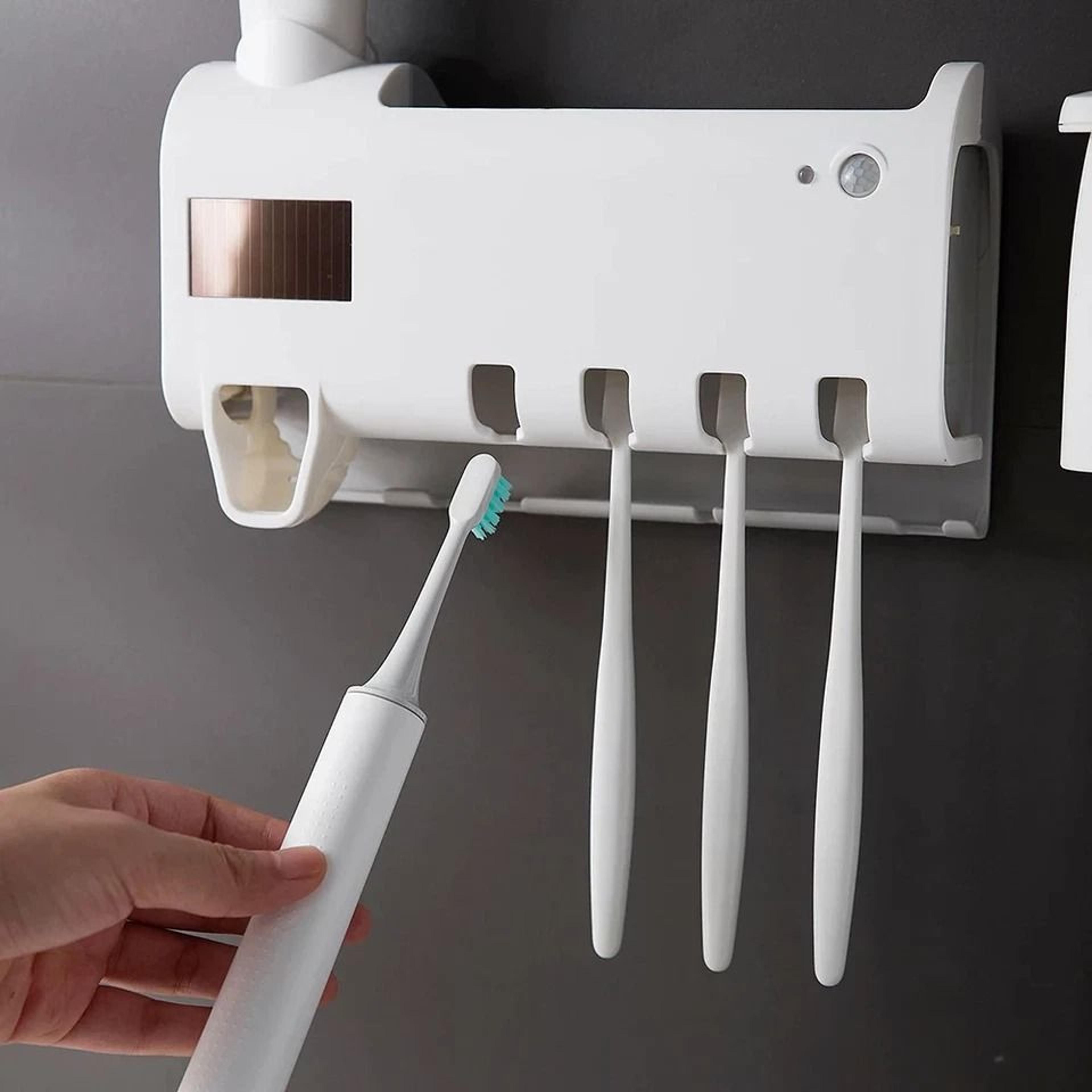 uv toothbrush sterilizer & automatic toothpaste dispenser rechargeable, family-sized holder