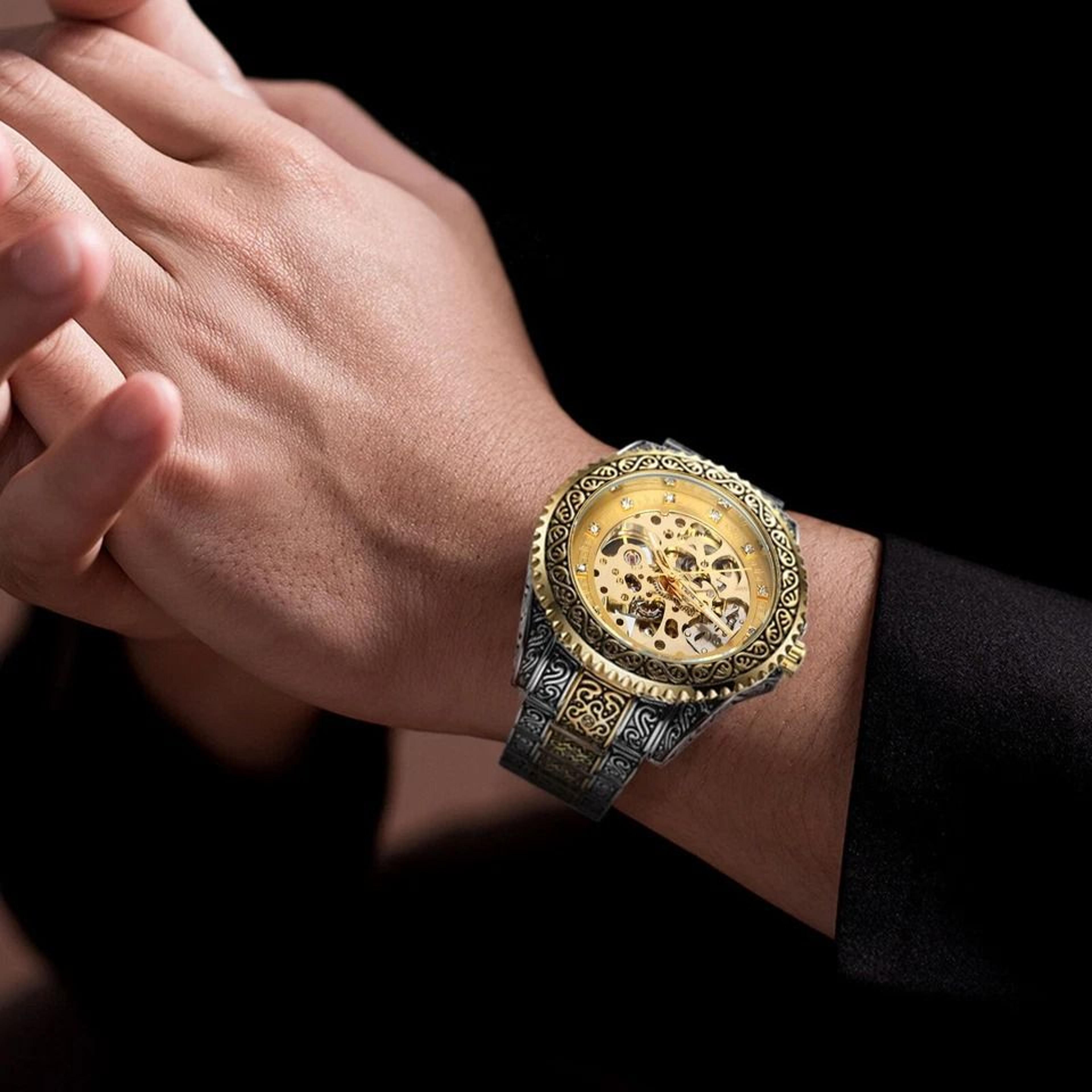 luxury men's stainless steel automatic mechanical wrist watch gold tone skeleton design