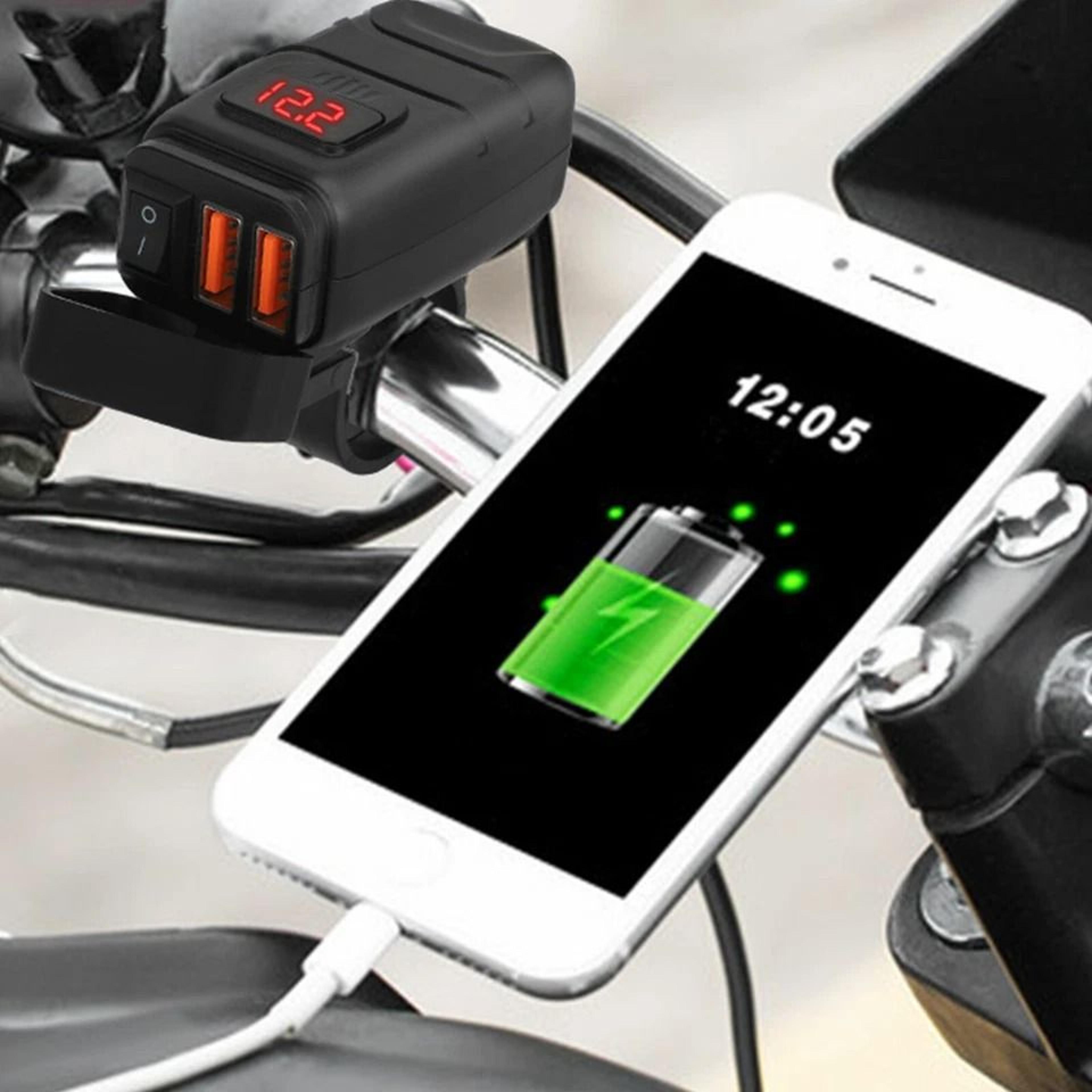 motorcycle usb charger, quick charge dual usb for phones & gps, waterproof handlebar mount