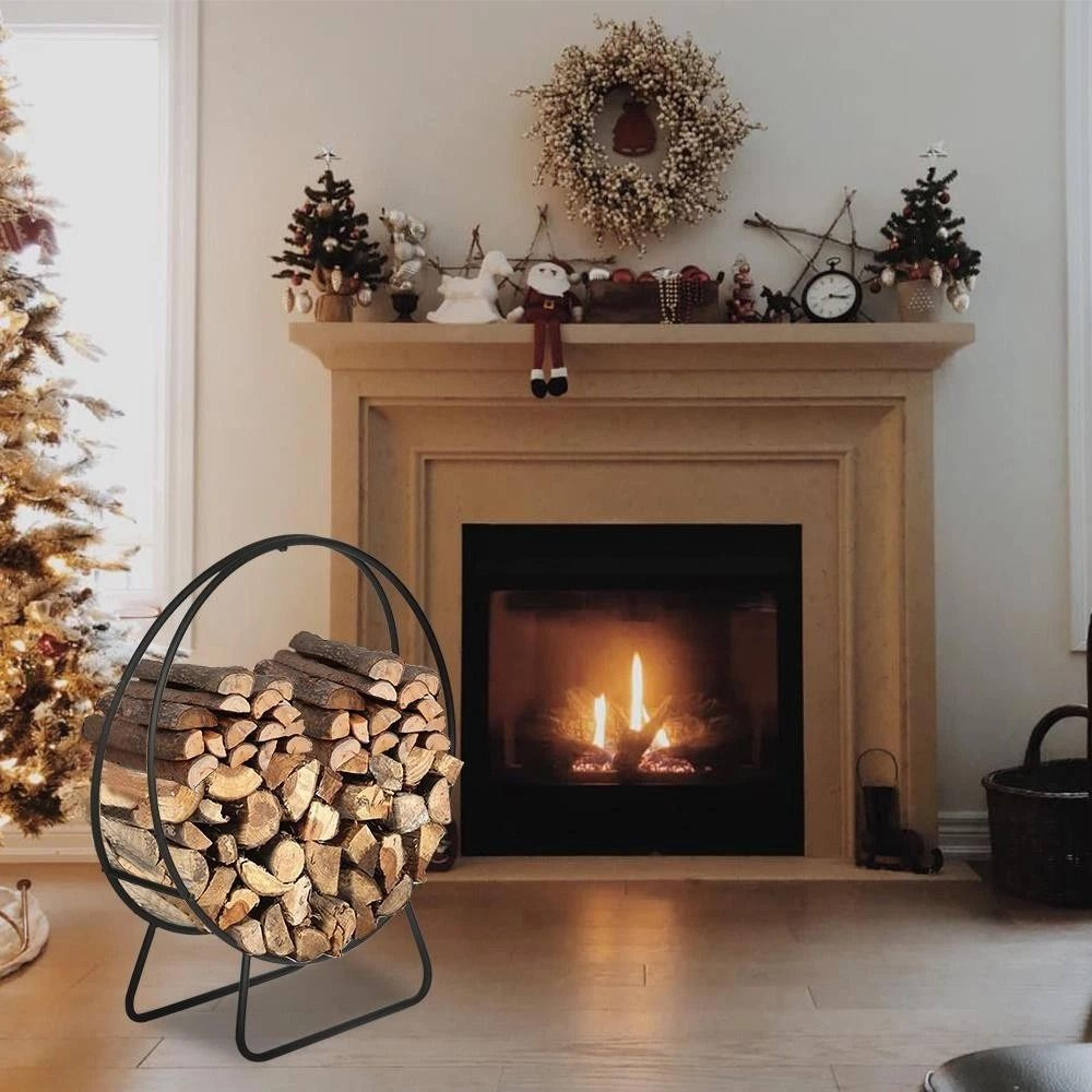 outdoor firewood log hoop powder-coated steel log storage rack black durable lumber holder for easy firewood