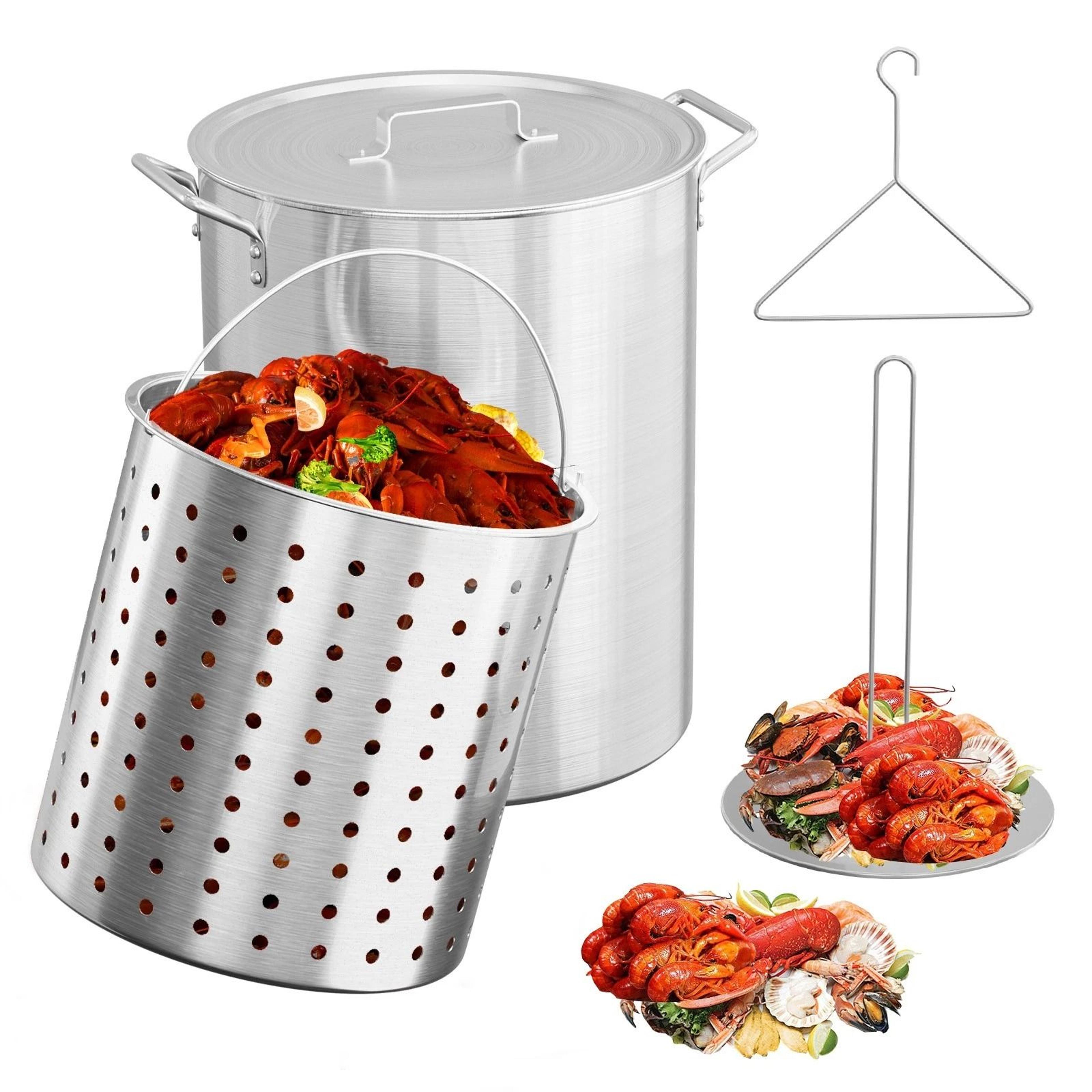 aluminum turkey deep fryer pot with lid, strainer basket, and steamer plate for seafood boils & frying