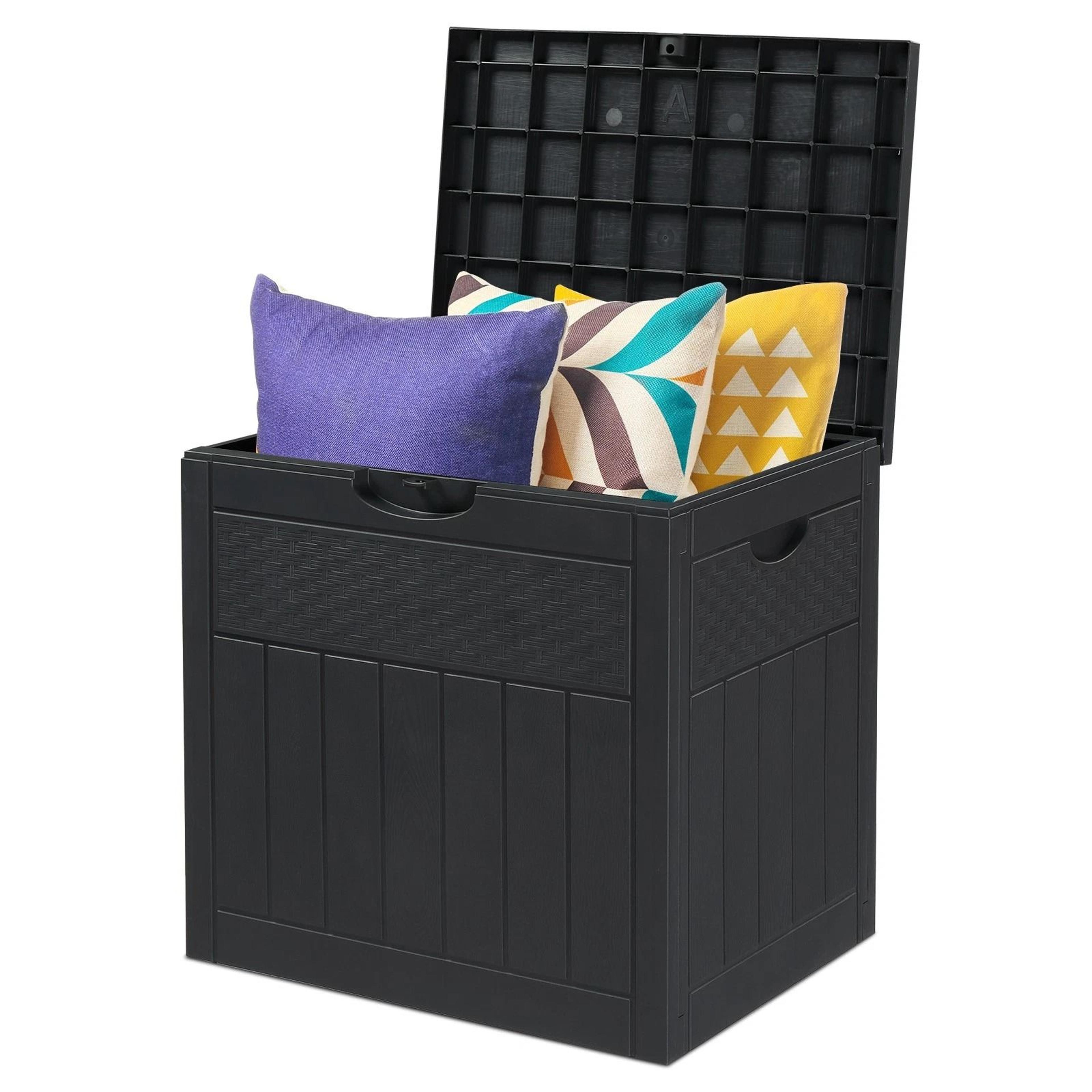 gallon outdoor storage box with lockable lid for garden tools, patio deck storage, greys