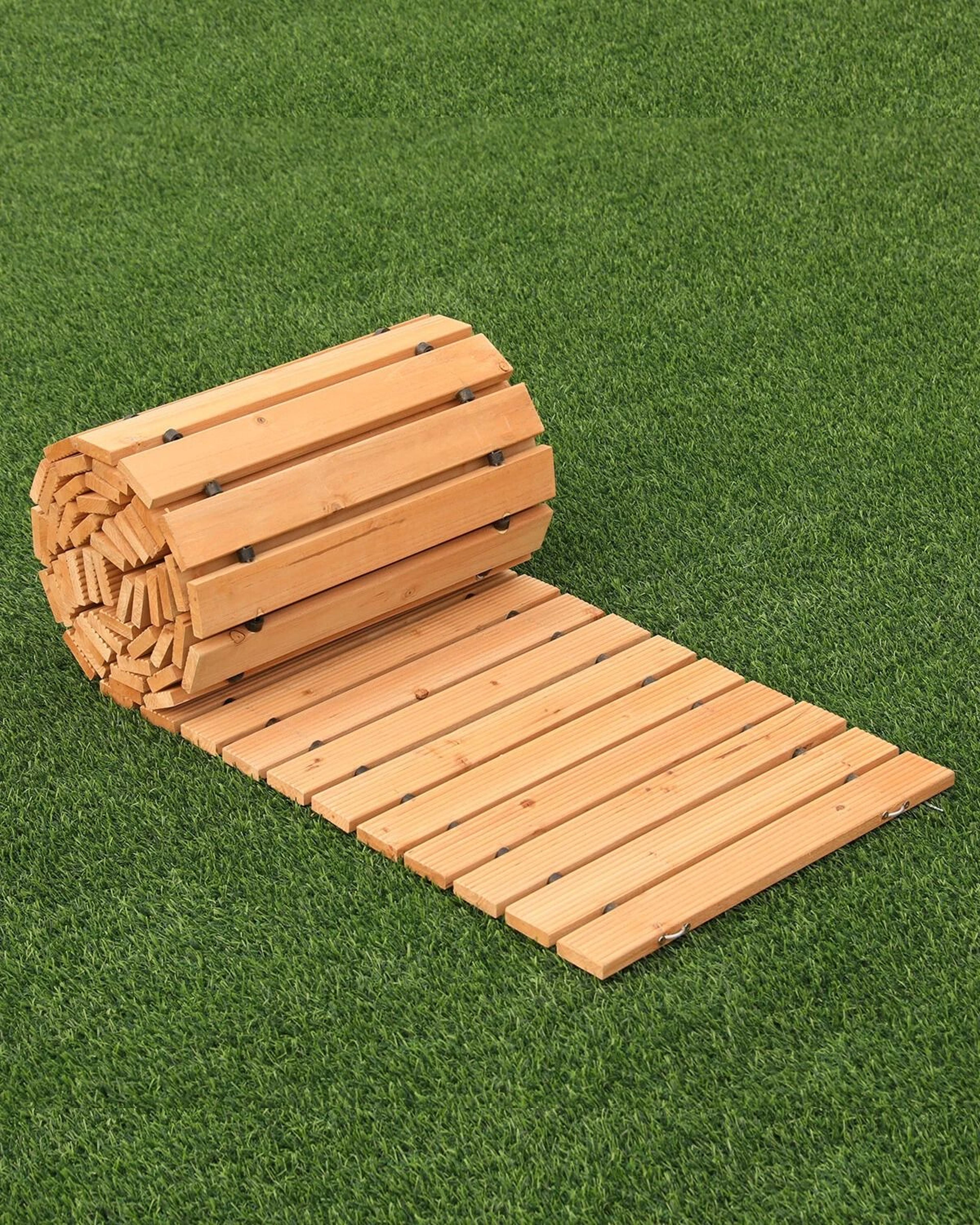 long wooden garden walkway rollout pathway sturdy cedar outdoor path for garden, patio, and event use