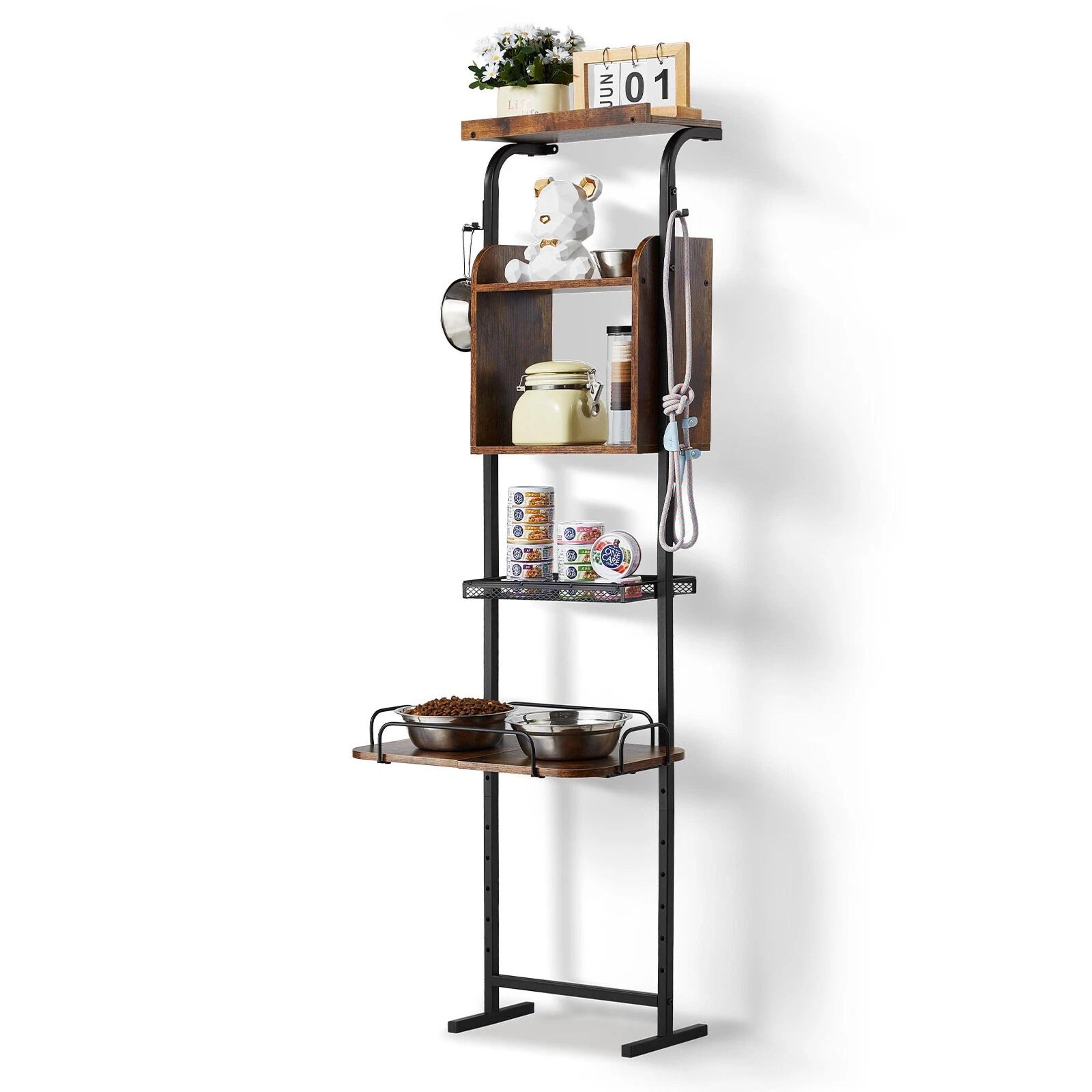 pet feeding station with storage & raised dog bowls organizer for food & toys