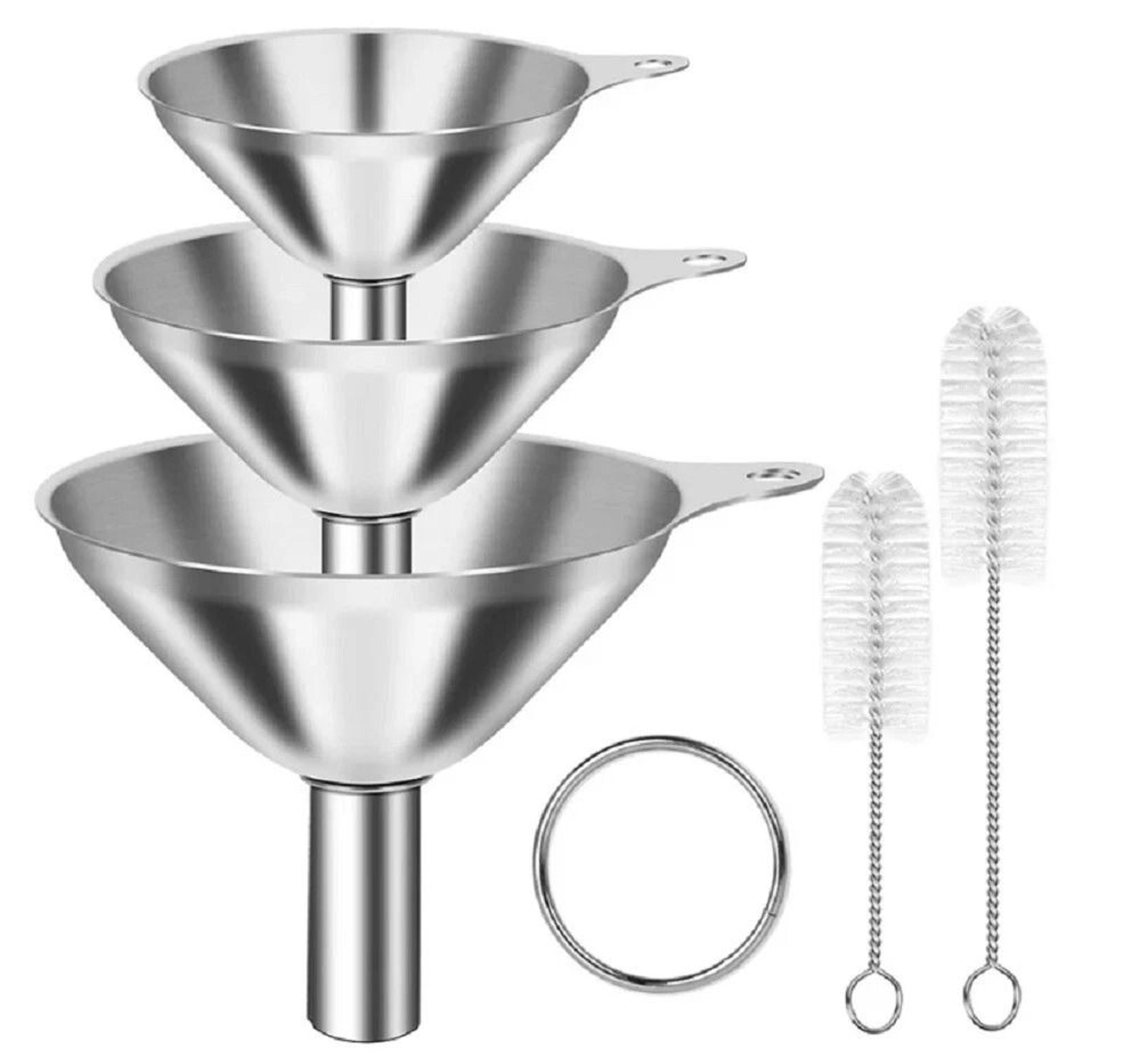 stainless steel kitchen funnel set with cleaning brushes food grade, no spill design