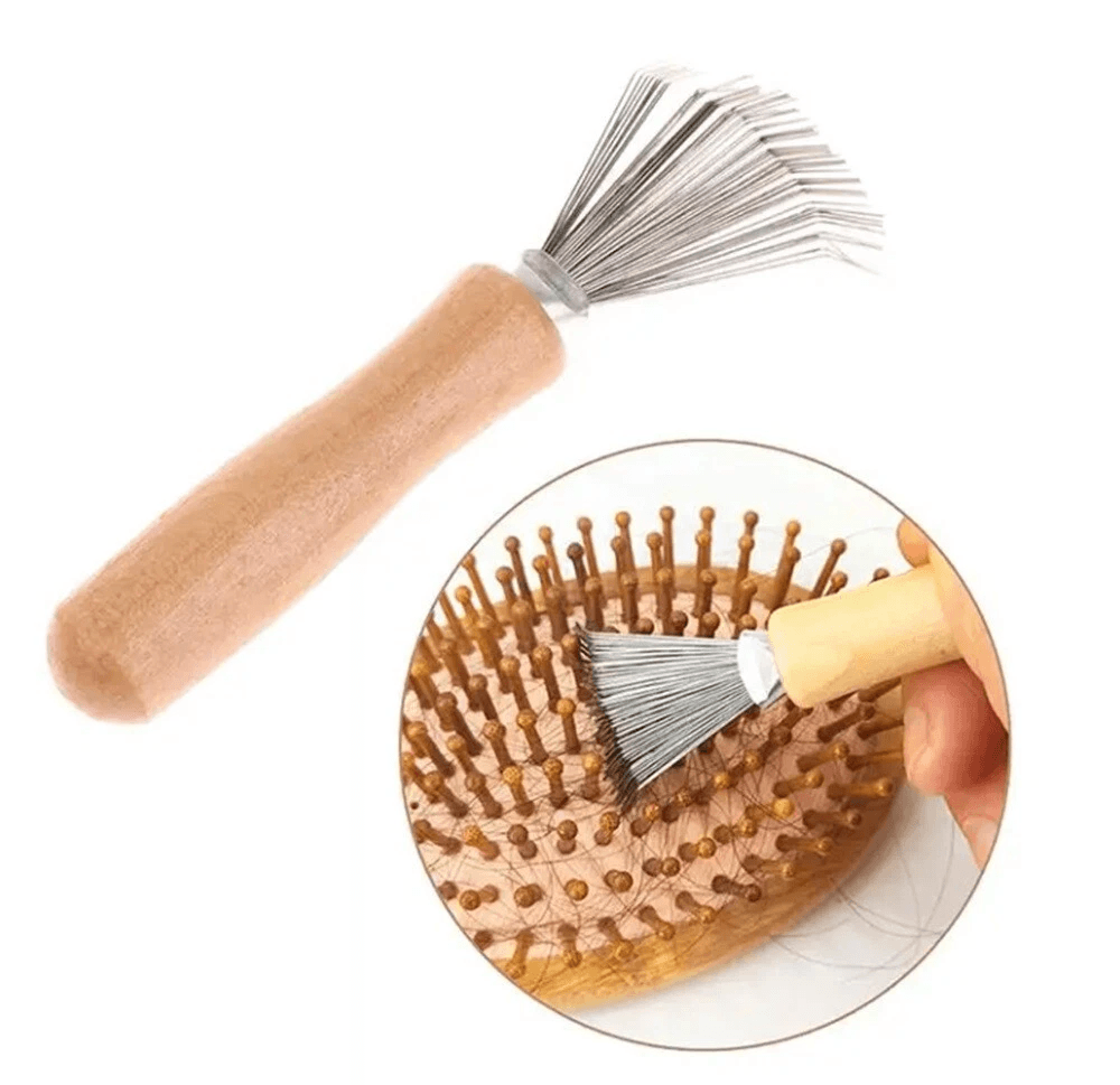 hair brush cleaner tool metal rake with wooden handle for lint, hair & dust removal