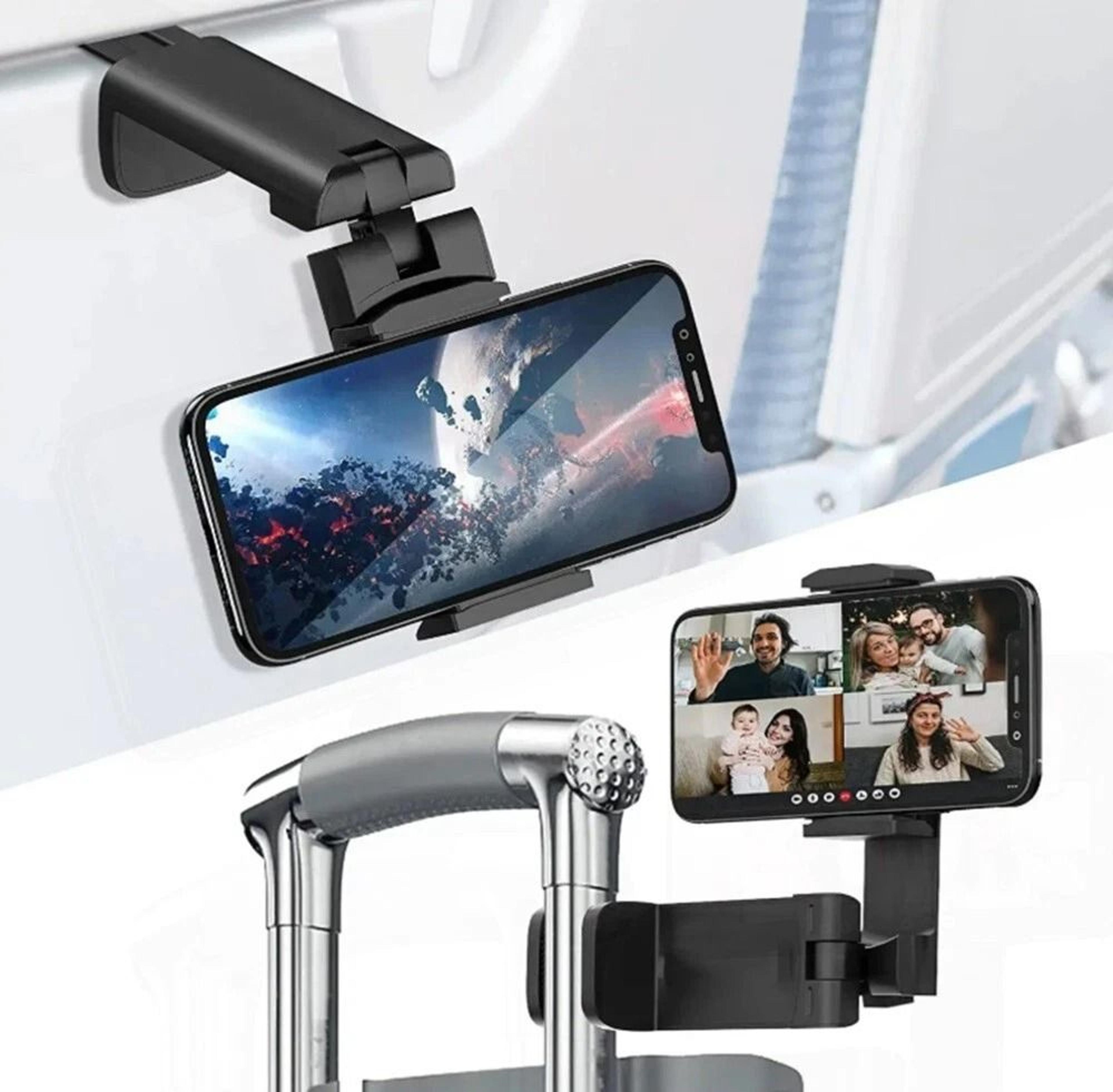 travel phone holder mount airplane seat tray, luggage handle & desk clip hands-free