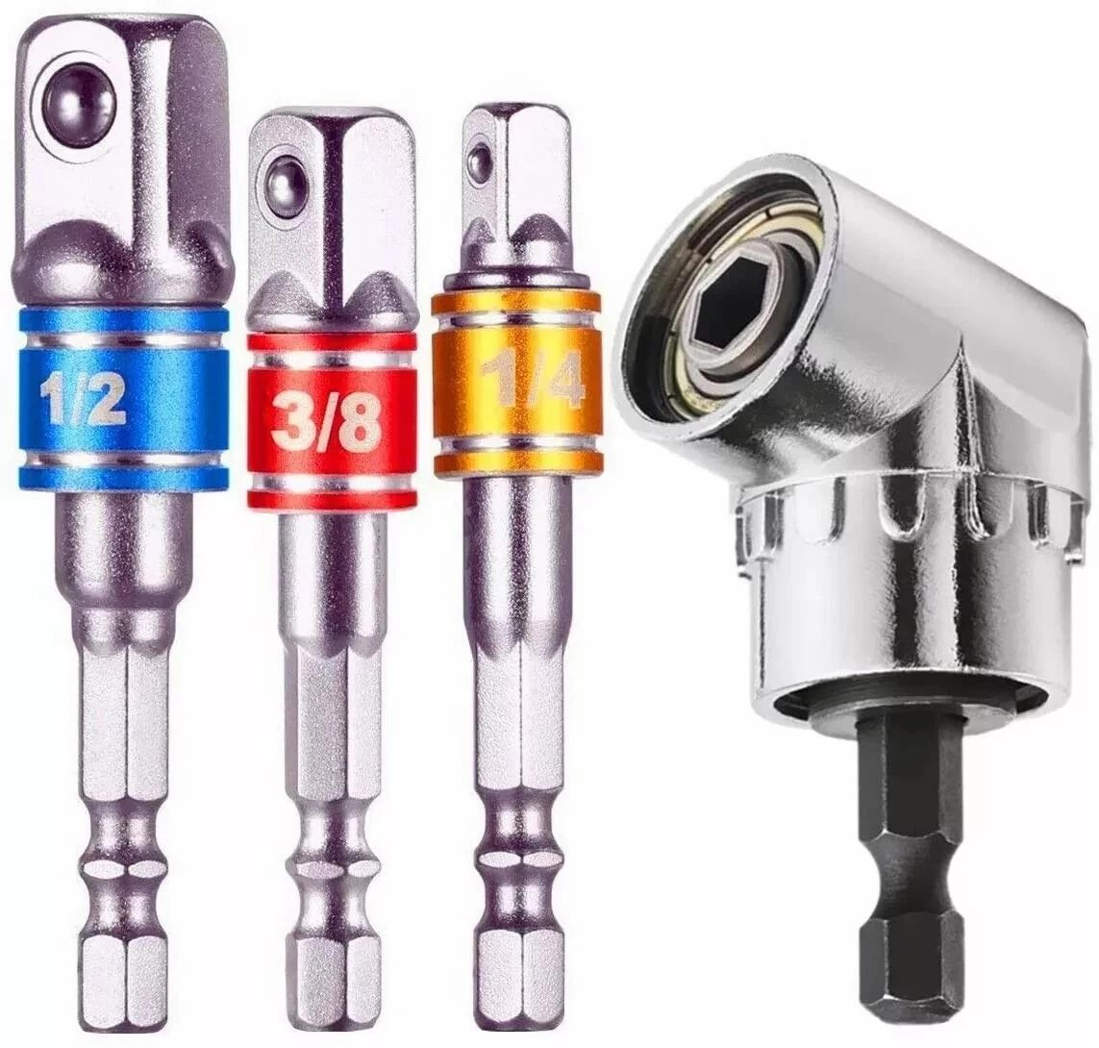 right angle drill attachment set with impact grade socket adapters for tight spaces
