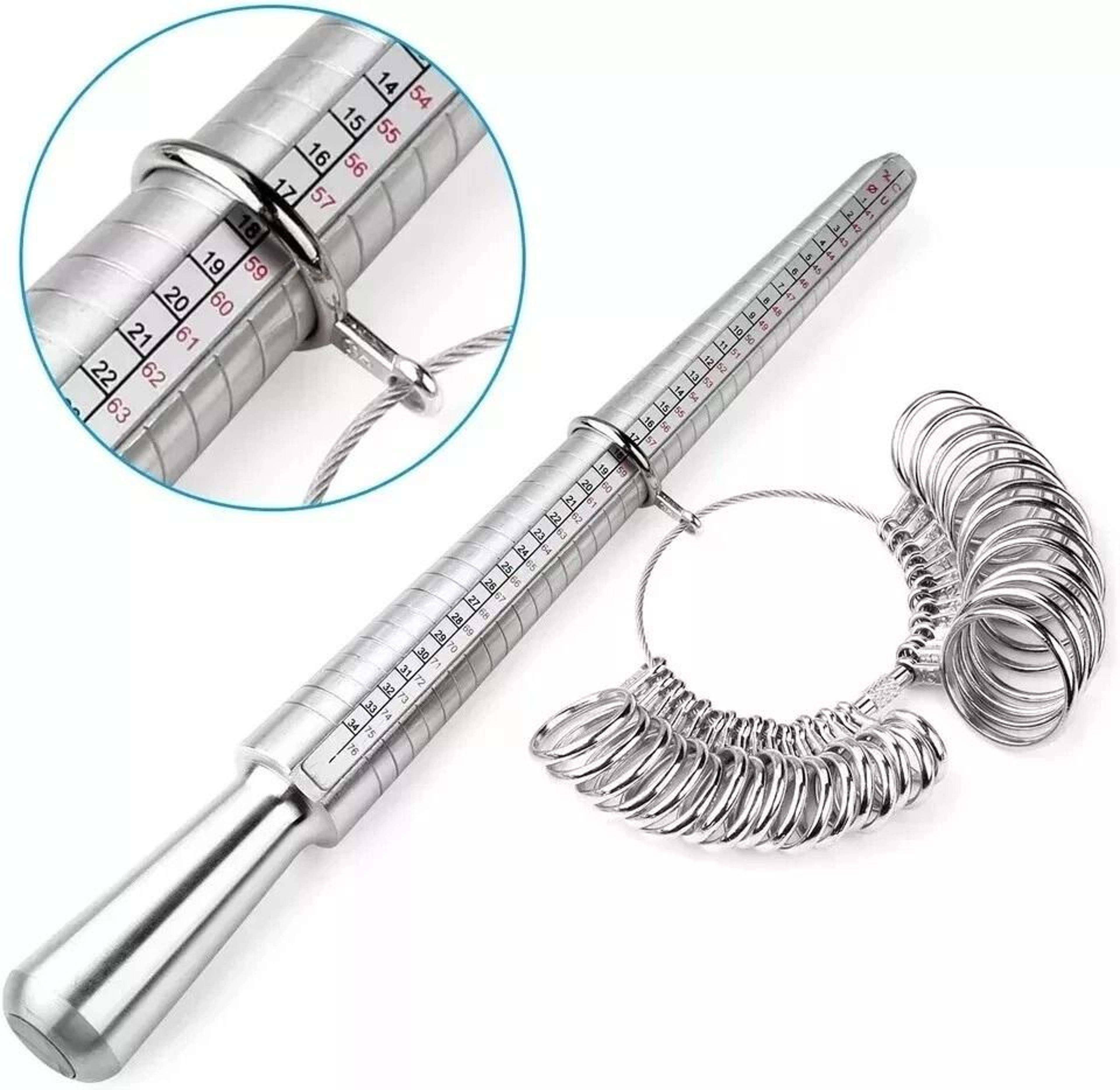 metal ring sizer tool with ring mandrel and finger sizing gauge