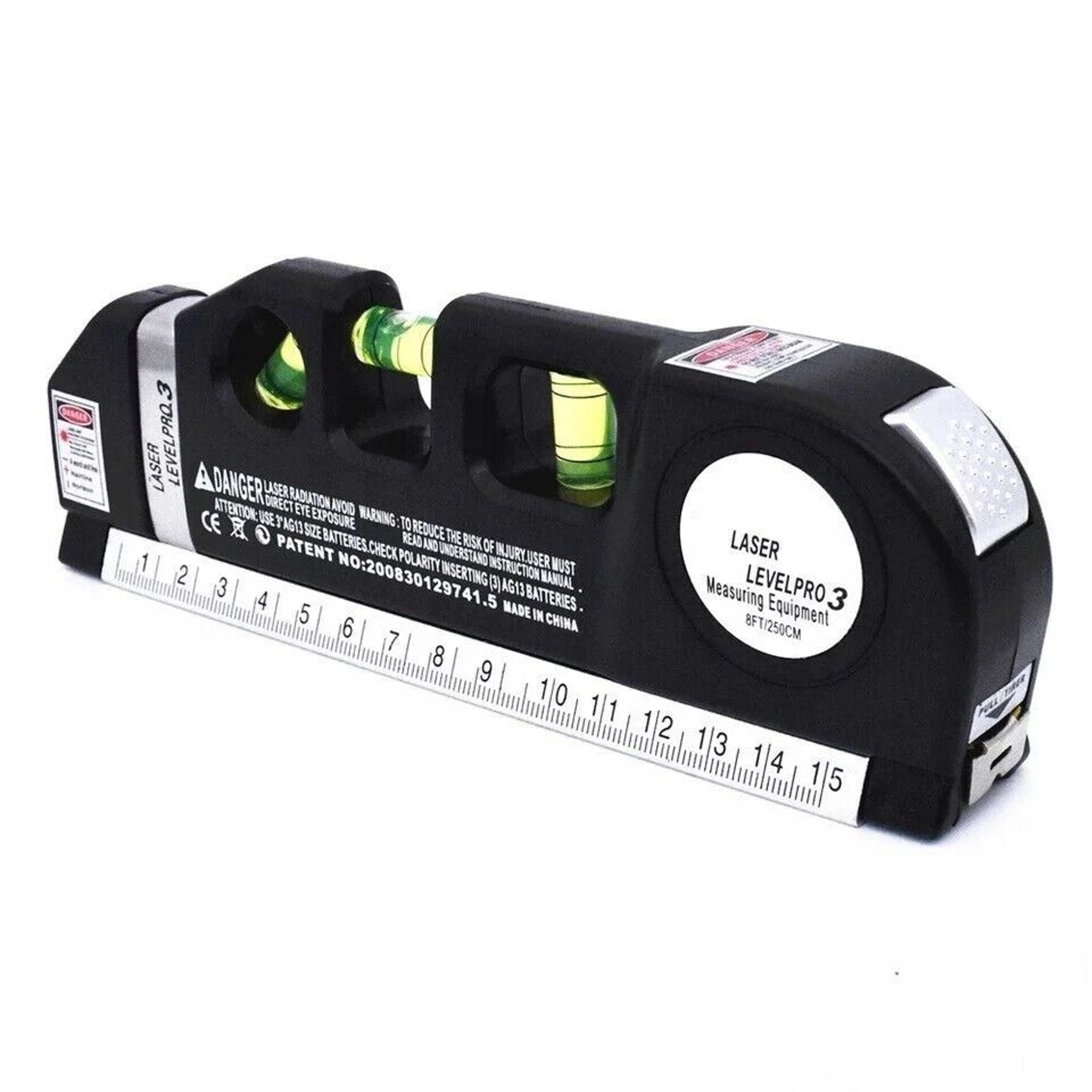 laser level tool with tape measure for picture hanging and wall alignment