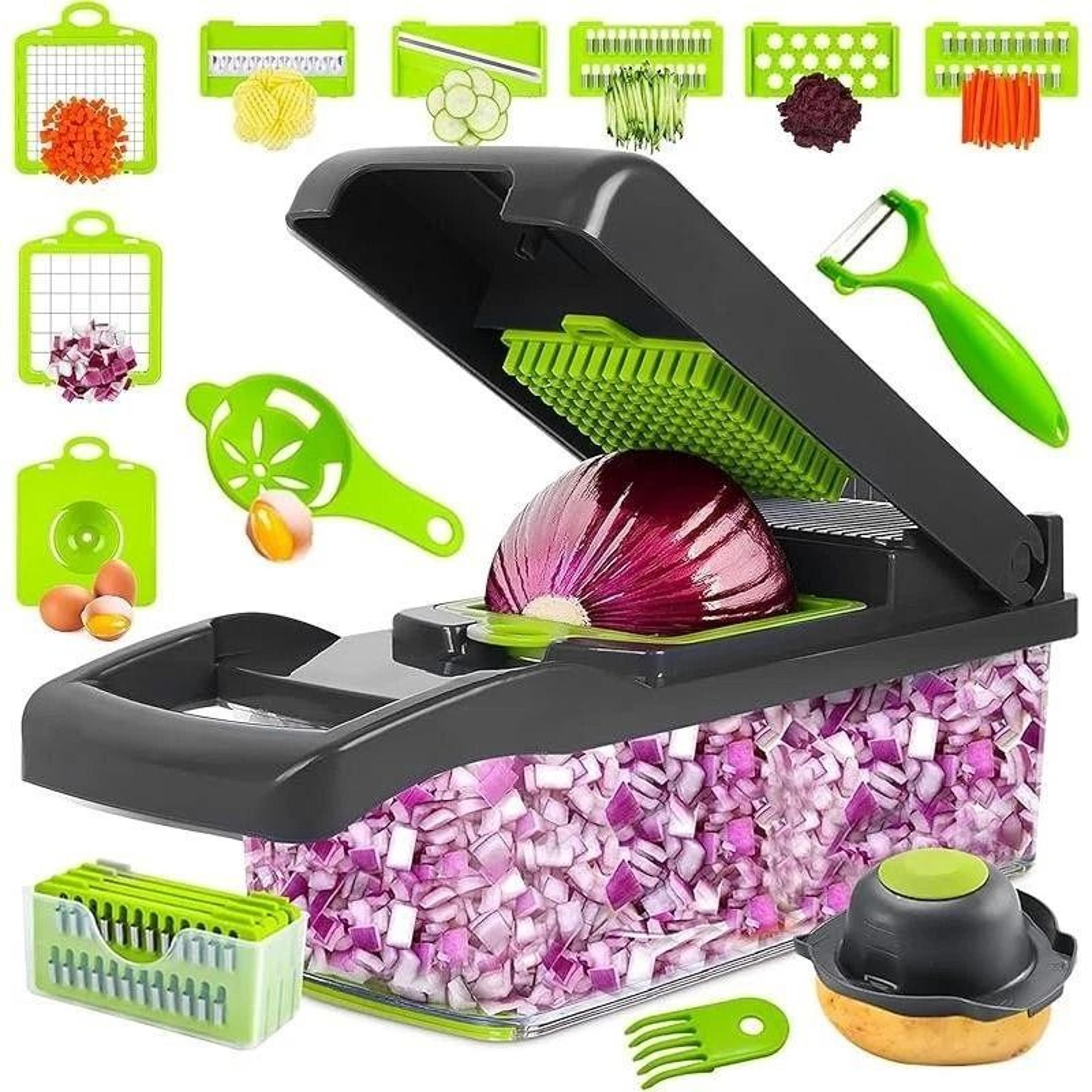 vegetable chopper and veggie slicer with container for fast salad and onion prep