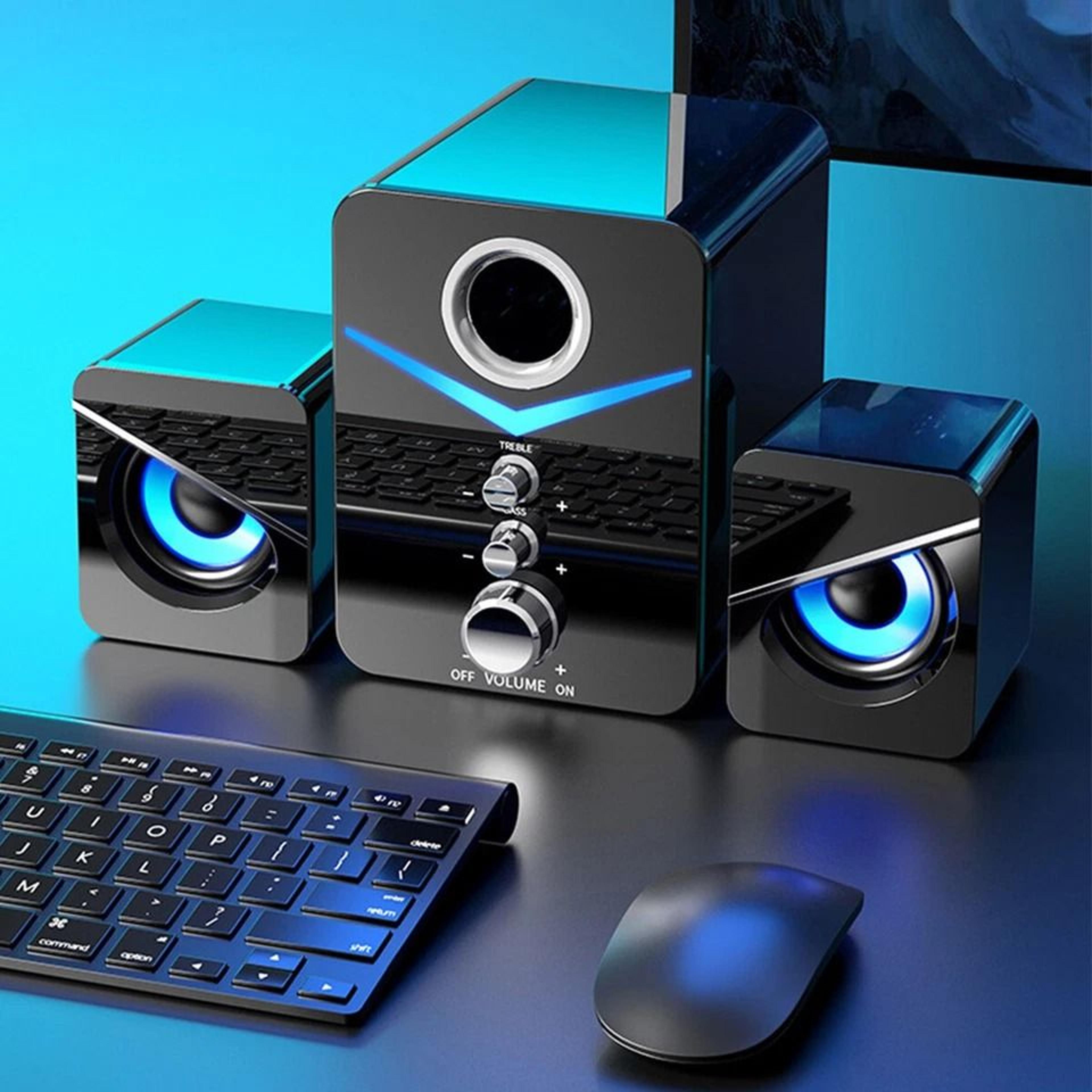wired computer speakers with led surround sound and gaming bass