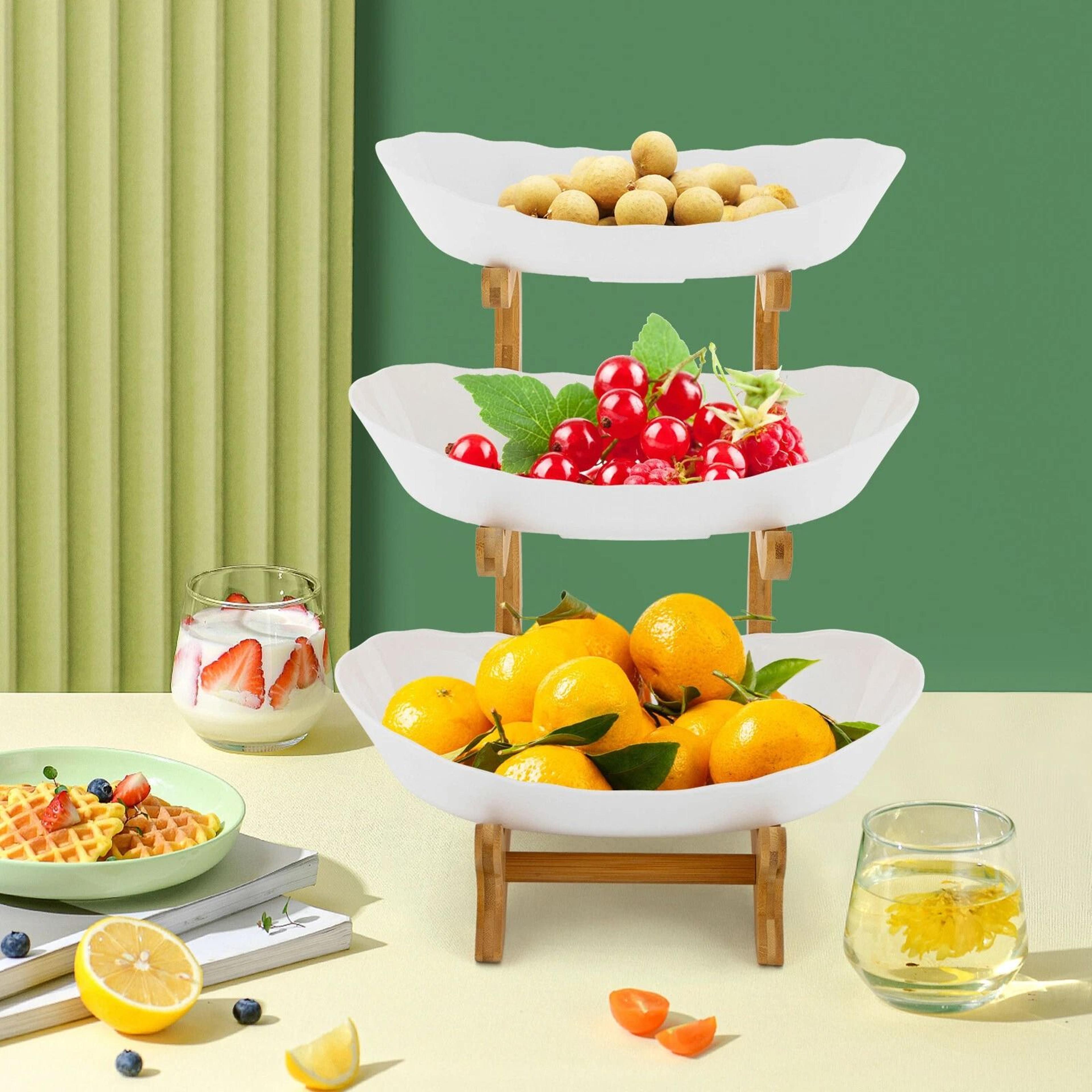 serving tray with bowls, bamboo snack and dessert stand