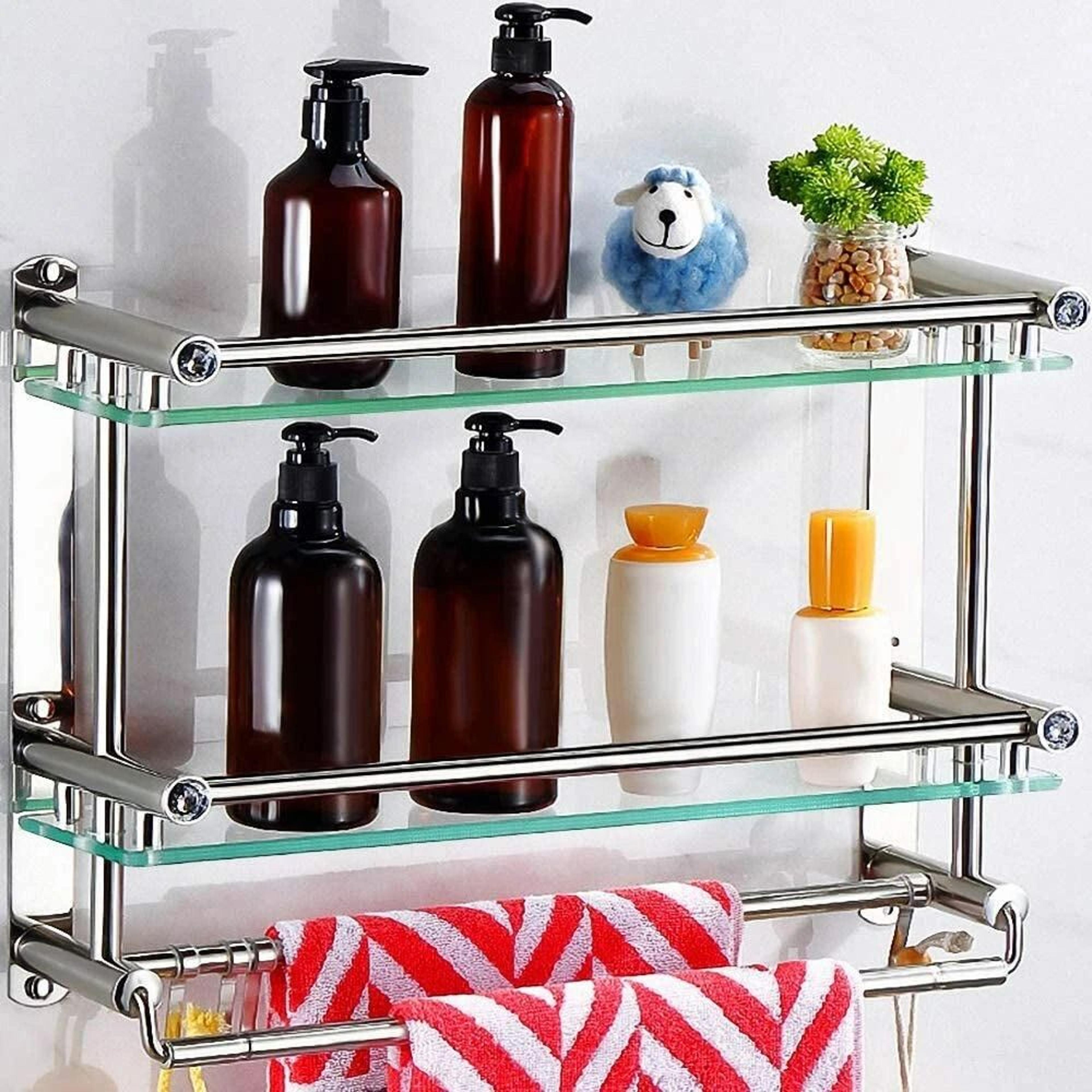 wall-mounted bathroom shelf with glass countertop & towel rack stainless steel storage