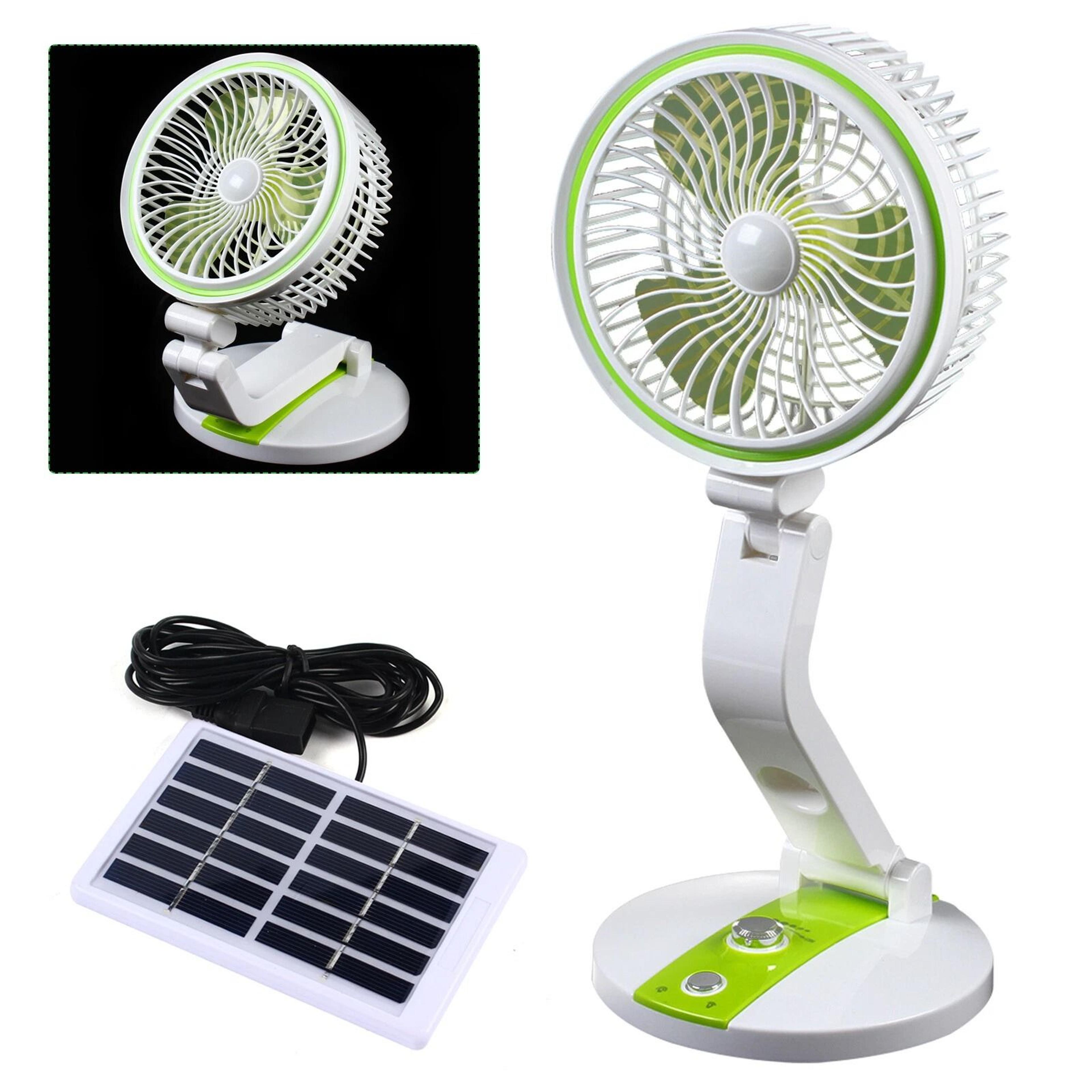 portable solar rechargeable fan with led light & adjustable tilt